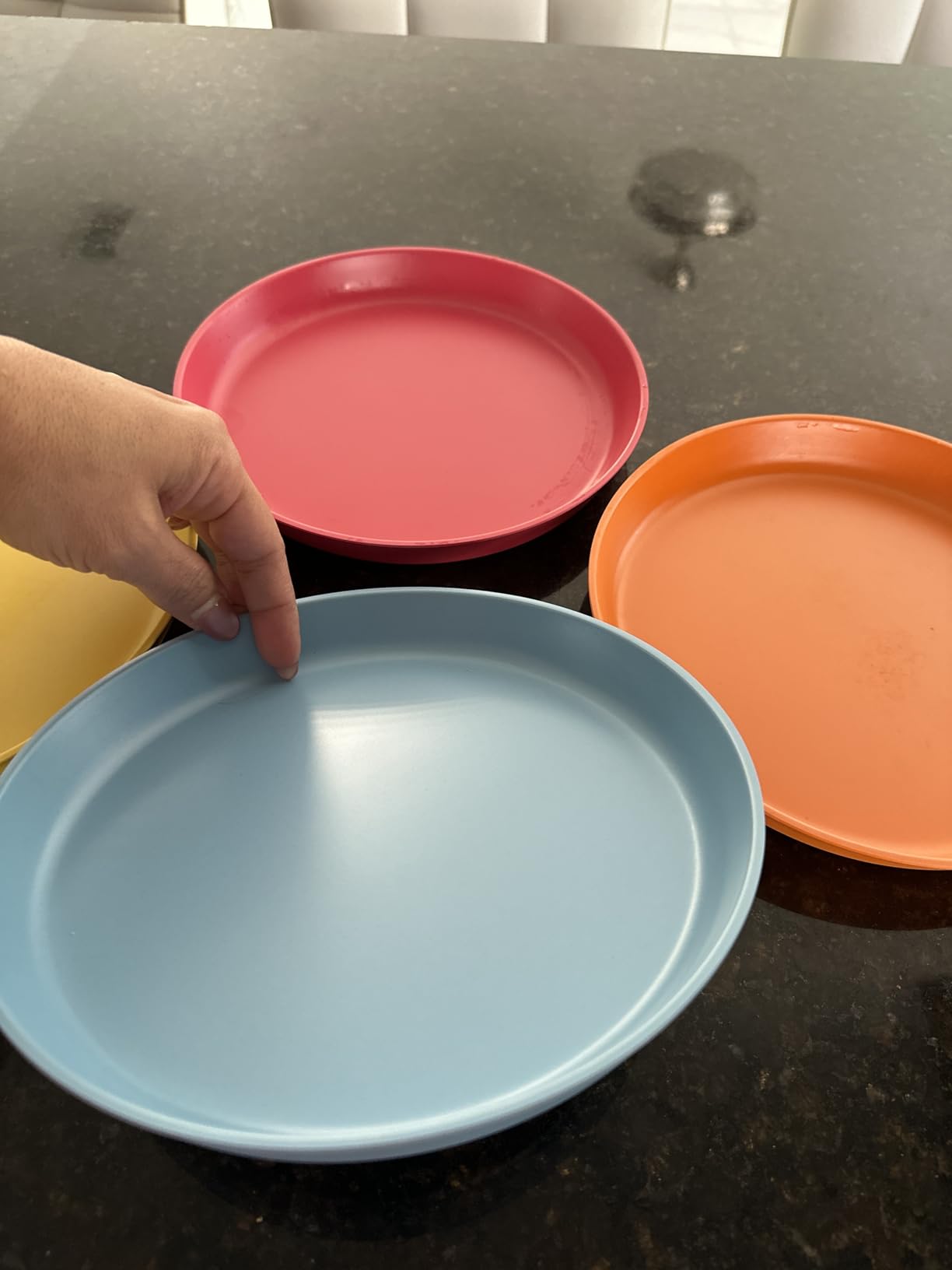 WeeSprout Bamboo Plates, Set of 4, Kid-Sized Dinnerware, Dishwasher Safe Melamine Dishware (Blue, Green, Gray, & Beige, Without Lids) customer photo 1