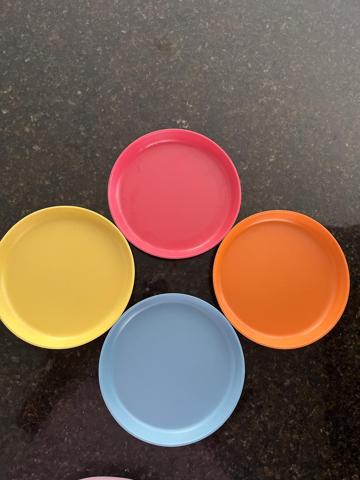 WeeSprout Bamboo Plates, Set of 4, Kid-Sized Dinnerware, Dishwasher Safe Melamine Dishware (Blue, Green, Gray, & Beige, Without Lids) customer photo 2