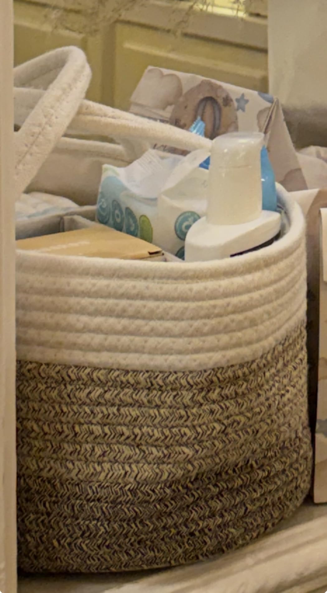 luxury little Diaper Caddy Organizer, Large Cotton Rope Nursery Baby Basket, Changing Table Organizer for Baby Diaper Storage, Portable Car Organizer Removable Divider (Off White, Large) customer photo 1