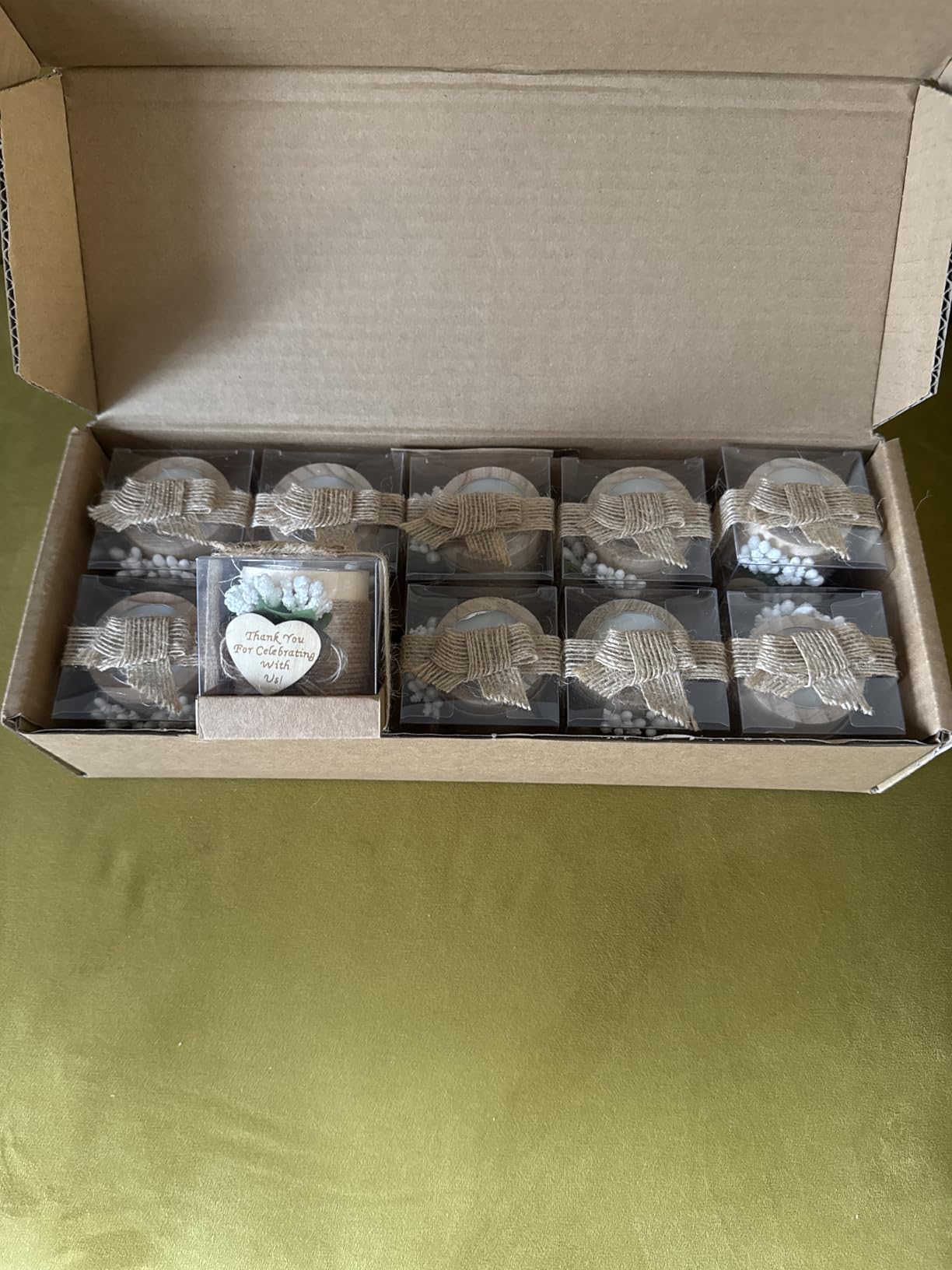 Ju's Favors 10 Piece Set of Wooden Tealight Candle Holders, Wedding Party Guest Favors, Thank You Favors, Guest Return Favors, Bridal Shower, Housewarming Gifts for Guests. (Light Brown+Rose) customer photo 2