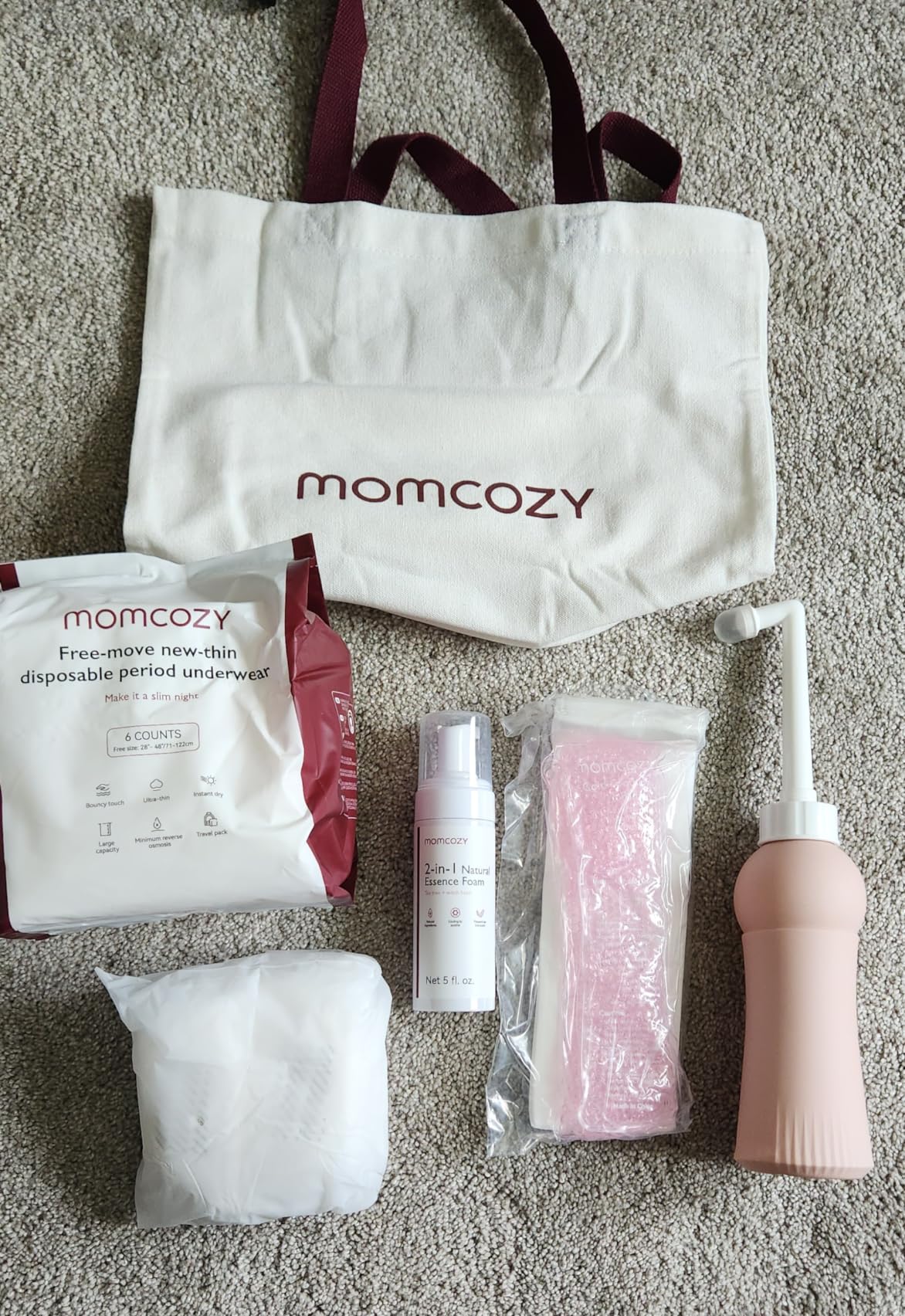 Momcozy Postpartum Recovery Essentials Kit, Labor Delivery Mom Care Kit, Self-Absorbent Disposable Underwear Nipple Nursing Pads Upside Down Peri Bottle Cold Pads Cooling Foam Canvas Bag Set customer photo 1
