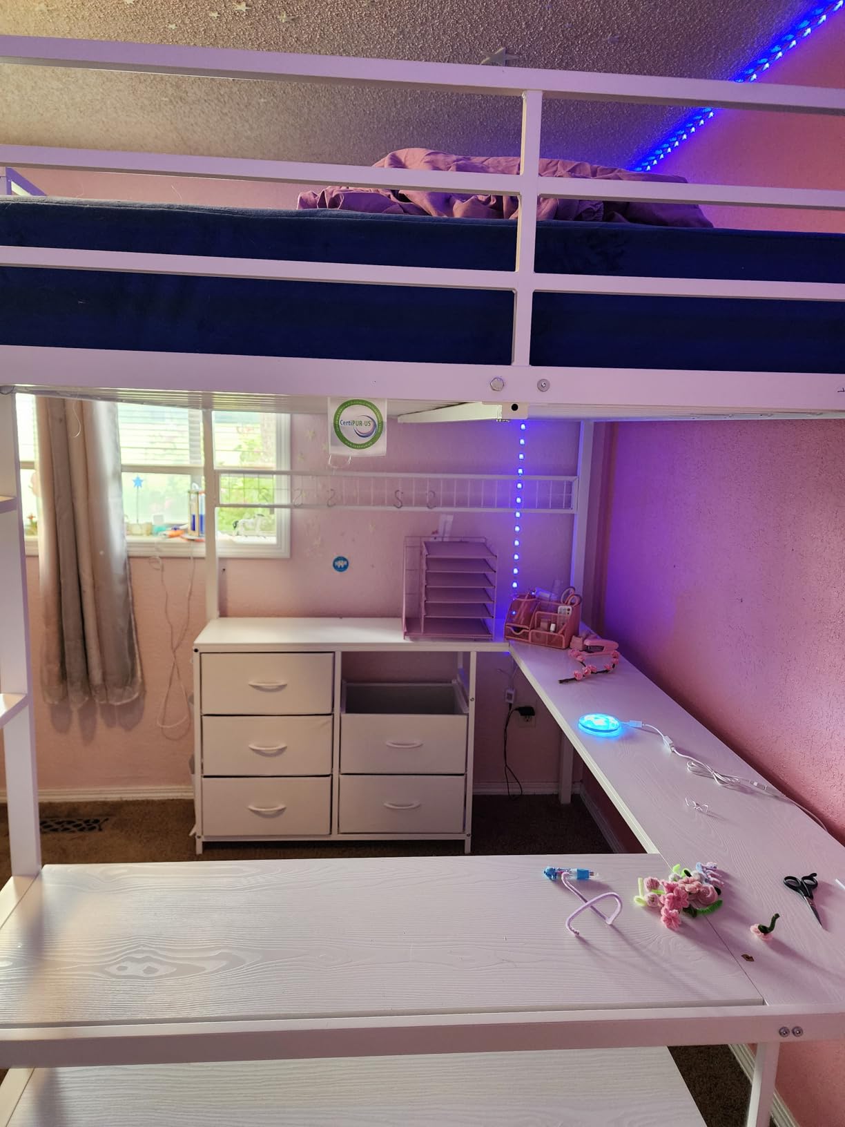 ADORNEVE Loft Bed Full Size with U-Shaped Desk, 6 Storage Drawers, Power Outlet, LED Metal Loft Bed with 2 Storage Shelves, Bed with Safety Guardrail & Ladders, Space-Saving, White customer photo 1