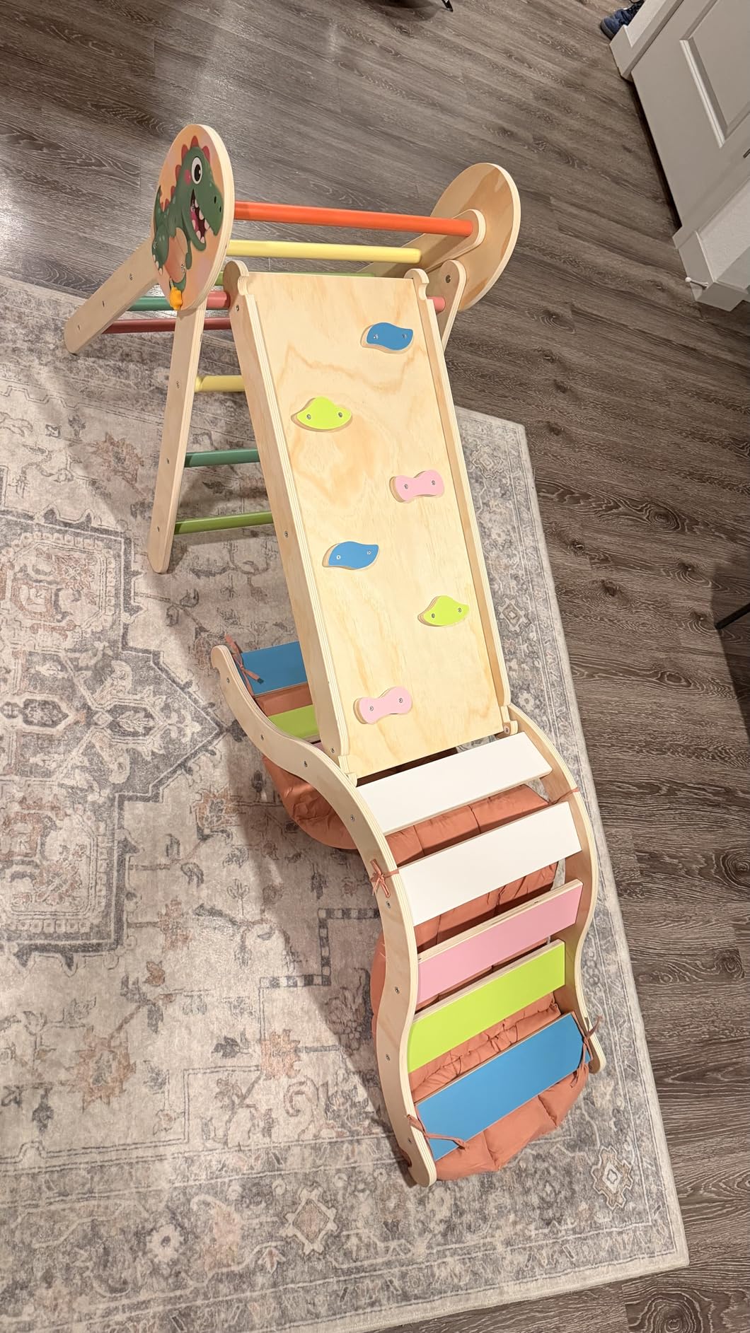 Acenova Pikler Triangle Climbing Set with Cushion and DIY Name Stickers, Montessori Wooden Climbing Gym for Toddlers, Indoor Jungle Gym, Dinosaur Pikler Triangle Arch Ramp Climber Toy customer photo 2