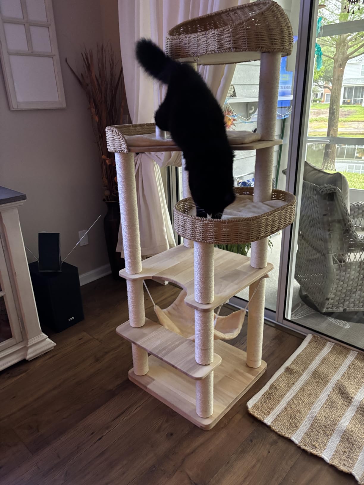 Wooden Cat Tree for Indoor Cats, 62-Inch Tall Cat Tower with Scratching Post for Large Cats, Solid Wood Cat Condo with Handwoven Basket, Modern Cat Tree Tower with Hammock, Easy to Clean customer photo 2