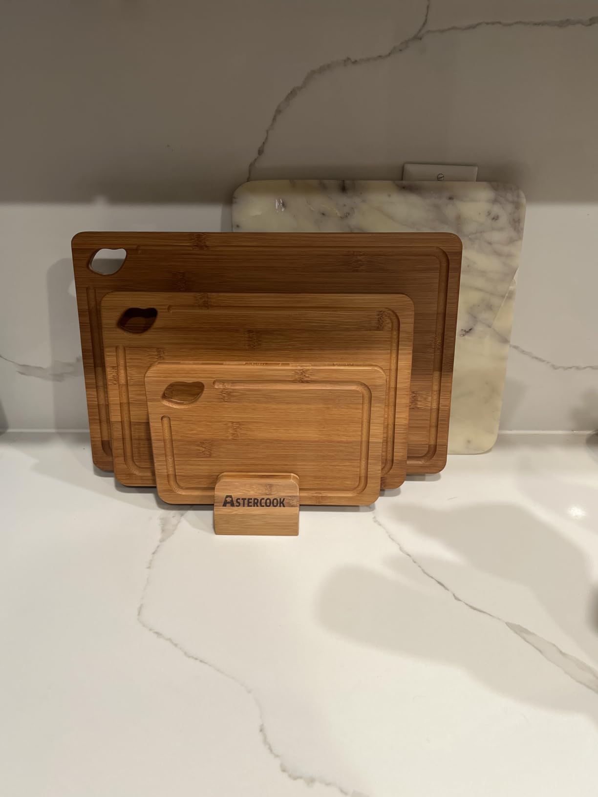 Astercook Deep-Carbonized Bamboo Cutting Boards for Kitchen with Wood Storage Stand, Reversible Charcuterie & Chopping Boards with Juice Grooves and Easy-Grip Handles, Mothers Day Gifts customer photo 1