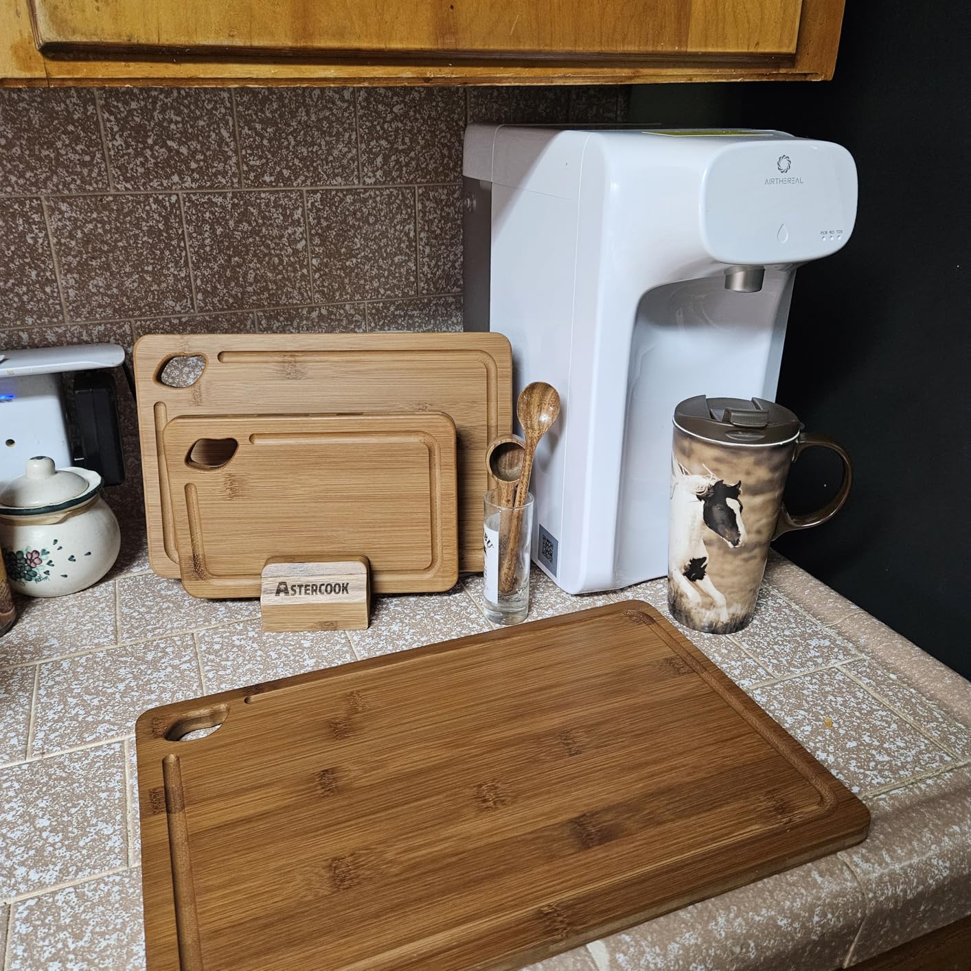 Astercook Deep-Carbonized Bamboo Cutting Boards for Kitchen with Wood Storage Stand, Reversible Charcuterie & Chopping Boards with Juice Grooves and Easy-Grip Handles, Mothers Day Gifts customer photo 2