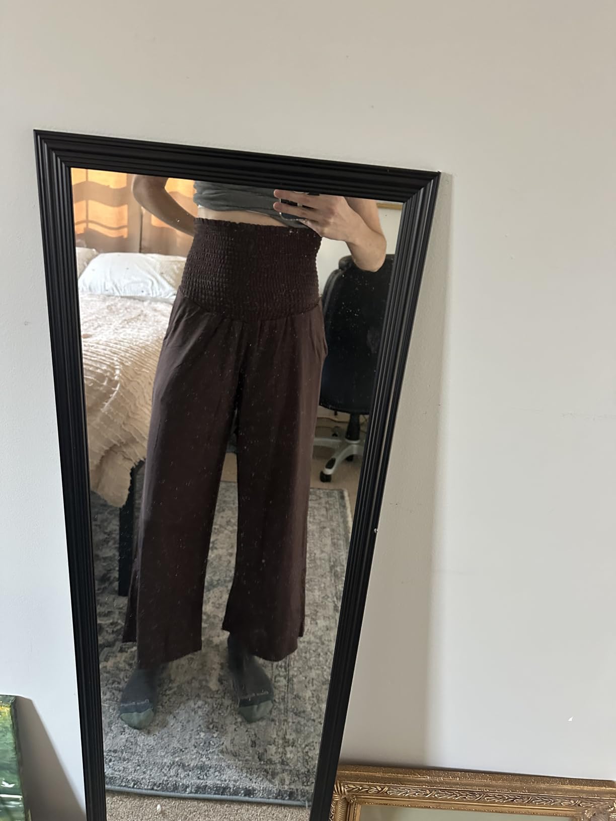 OUGES Womens Lyocell Cotton Maternity Pants Over Belly Smocked Waist Stretchy Casual Wide Leg Palazzo Pants with Pockets customer photo 2