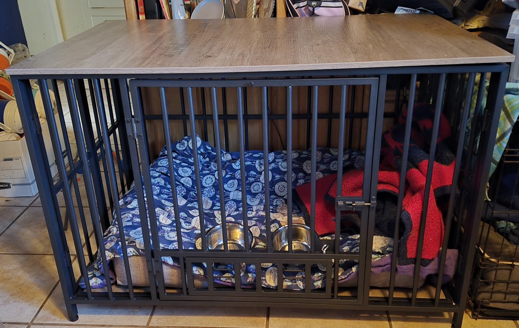 Easycom Dog Crate Furniture Foldable, No Assembly Decorative Dog Kennel Indoor, Dog Crates for Large Dogs (35-60 lb), Wooden Dog Cage with Adjustable Bowls and Name Tag, End Table, Rustic Brown customer photo 1