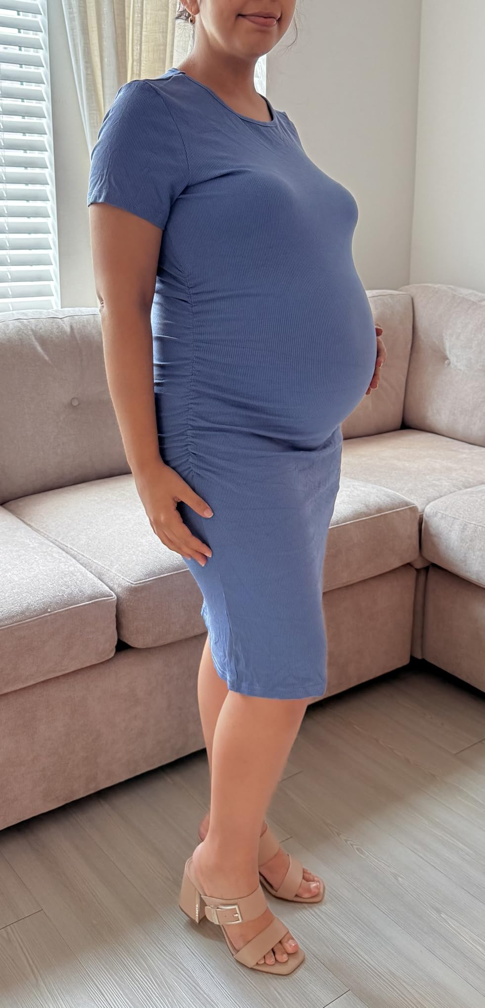 3 Pack Women's Maternity Dresses Cotton Ribbed Short Sleeve Pregnancy Dress Side Ruched Crew Neck for Summer Casual customer photo 1