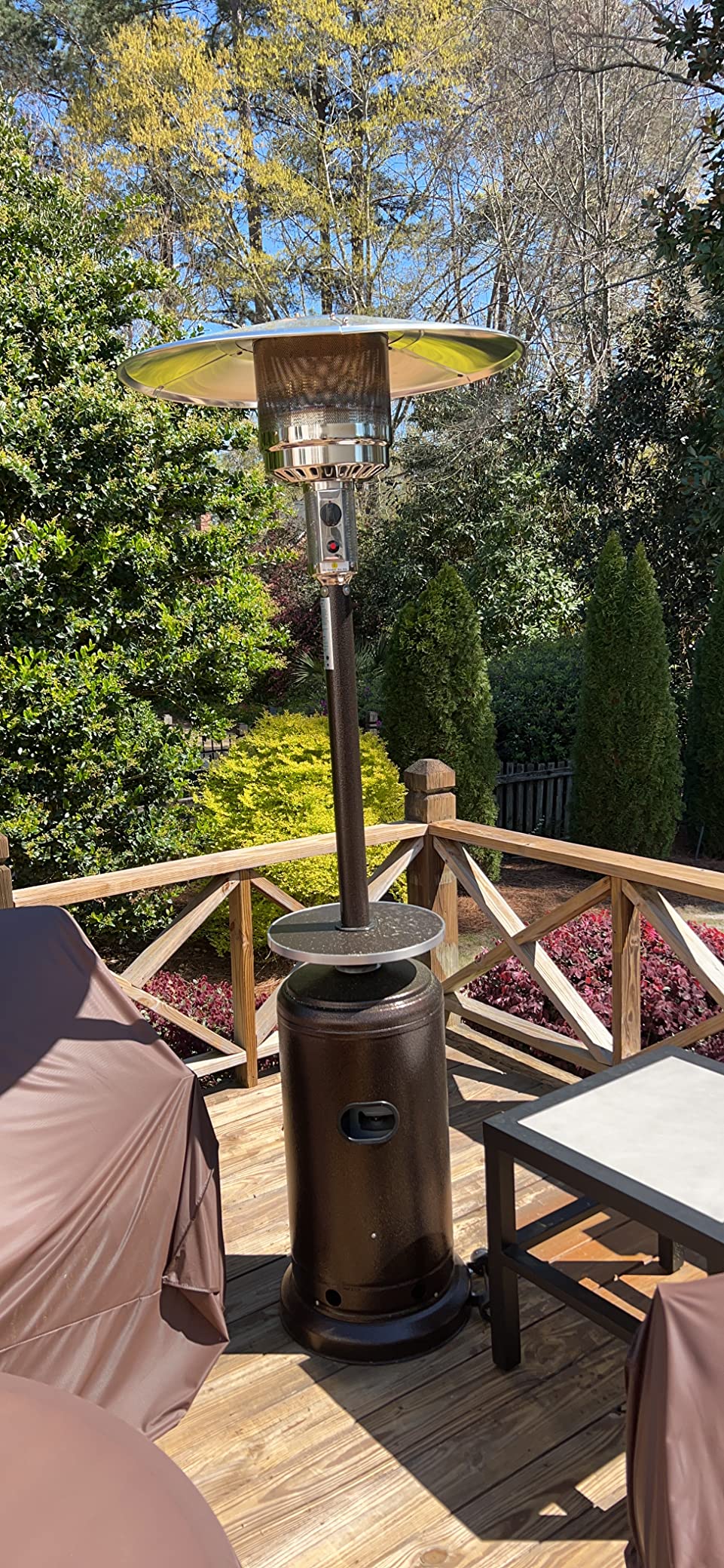 AZ Patio Outdoor Propane Gas Patio Heater, 48K BTU's, Open Door Design, Adjustable Table, Single pole, Weight Bladder Included, Hammered Bronze Finish customer photo 1
