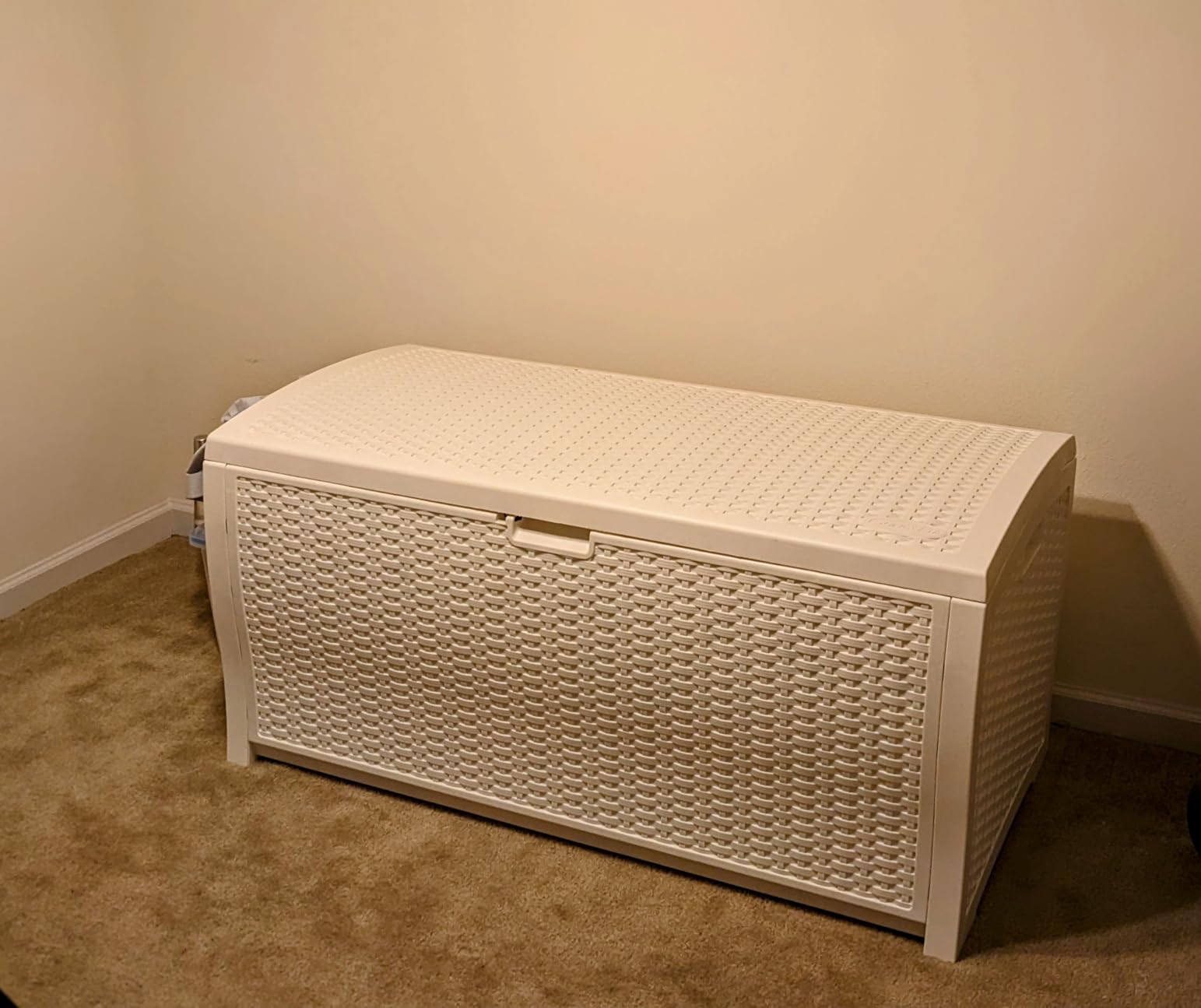 Suncast DBW9200 99 Gallon Outdoor Wicker resin Patio Storage Chest Bin with Handles for Patio, Garden, Garage, or Pool for All Weather, Mocha customer photo 2