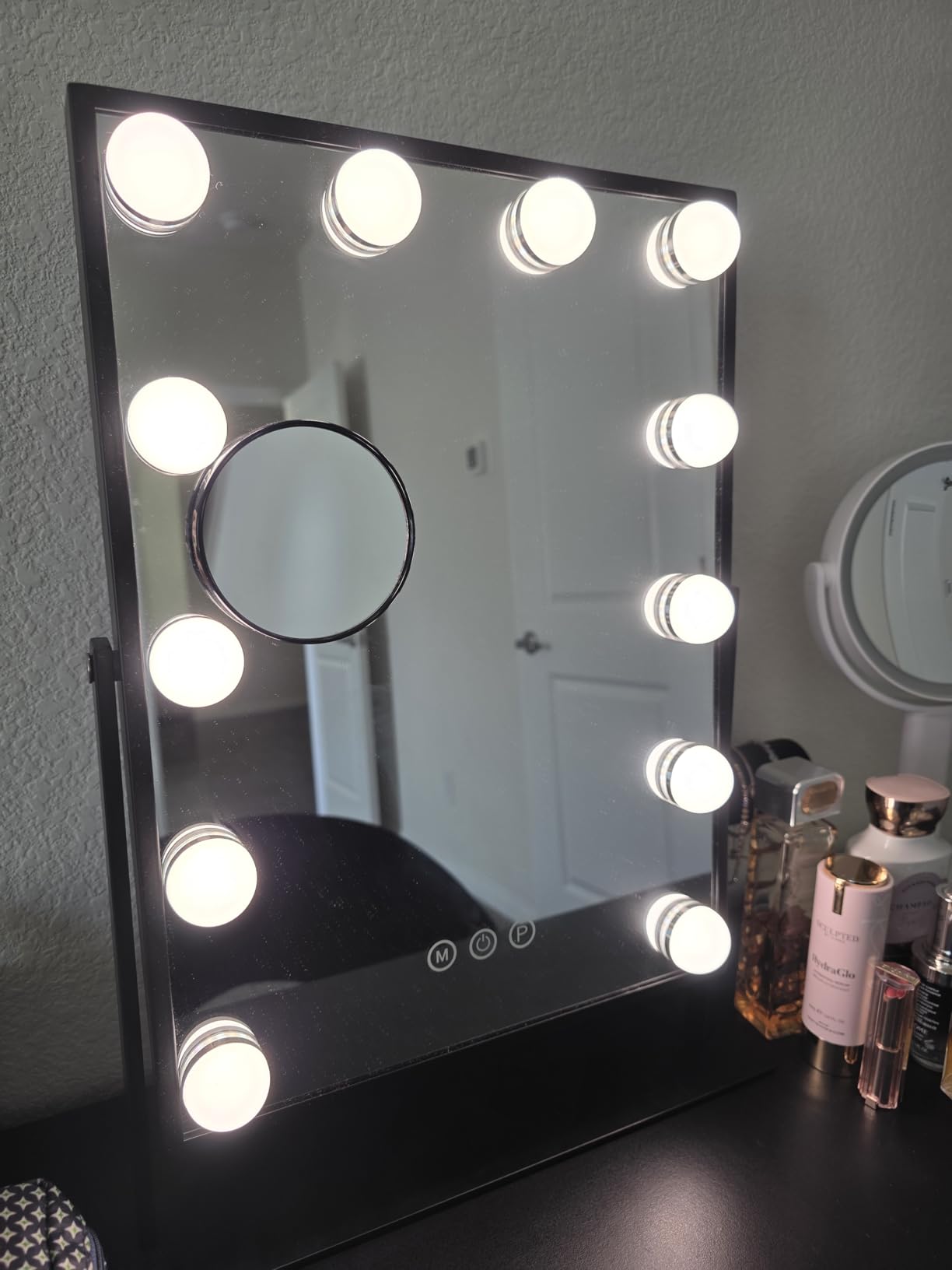 FENCHILIN Vanity Mirror with Lights, 19''x12'' Makeup Hollywood Mirror for Desk with 12 Bulbs Light Smart Touch Control 3 Colors Dimmable Detachable 10X Magnification Tabletop 360 Degree Rotation customer photo 1
