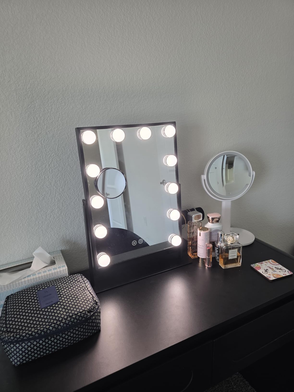 FENCHILIN Vanity Mirror with Lights, 19''x12'' Makeup Hollywood Mirror for Desk with 12 Bulbs Light Smart Touch Control 3 Colors Dimmable Detachable 10X Magnification Tabletop 360 Degree Rotation customer photo 2
