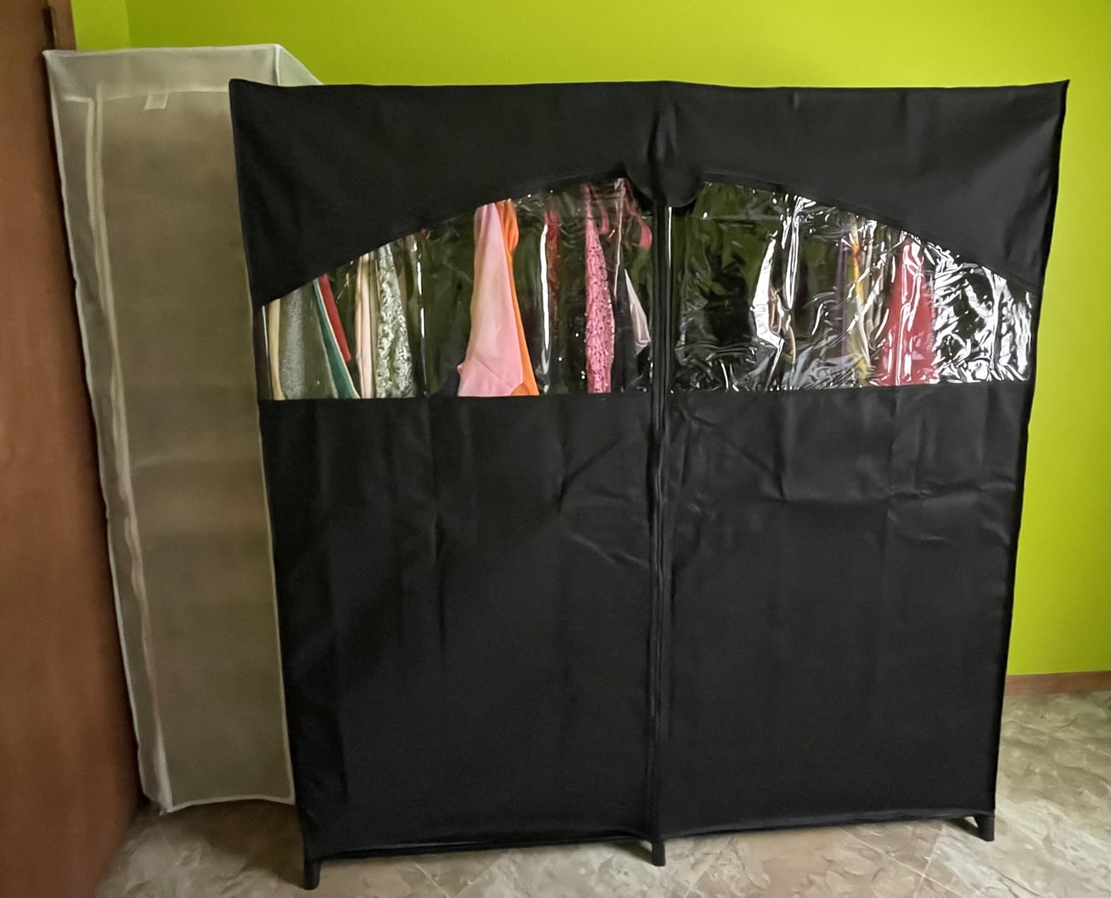 HOLDN' STORAGE Portable Wardrobe Closet - 65 lb Large Capacity, Internal Heavy Duty Metal Rod, Zipper & Clear Window, Durable Clothes Organizer, Tool-Free Easy Assembly, Dark Gray Canvas Cover customer photo 1