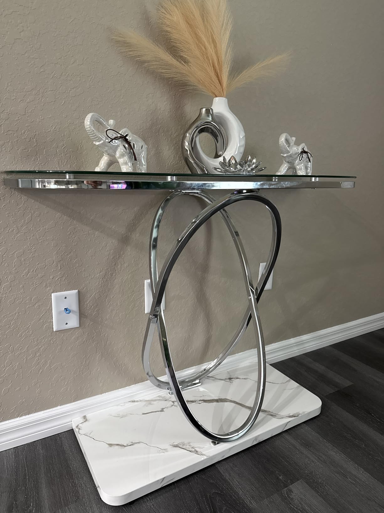 O&K FURNITURE Silver Glass Console Tables for Entryway, Glass Entryway Table with Curved Frames and Marble Base, Modern Entrance Table Sofa Table for Living Room, Hallway, Silver Glass & White Marble customer photo 2