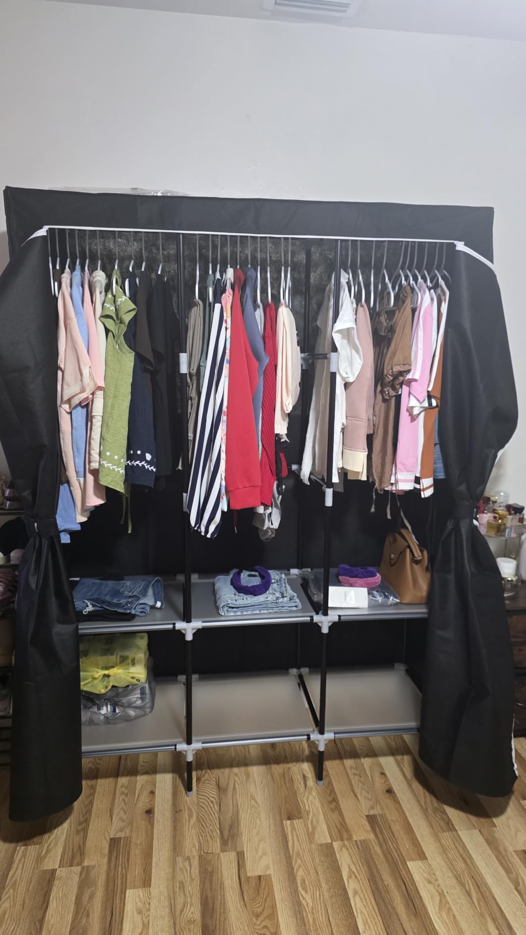 LOKEME Wardrobe Closet, Portable Closet for Bedroom Steel Pipe Diameter 19mm Strong and Sturdy Black Portable Closets for Hanging Clothes with 3 Hanging rods, 6 Storage Shelves and Side Pockets customer photo 2