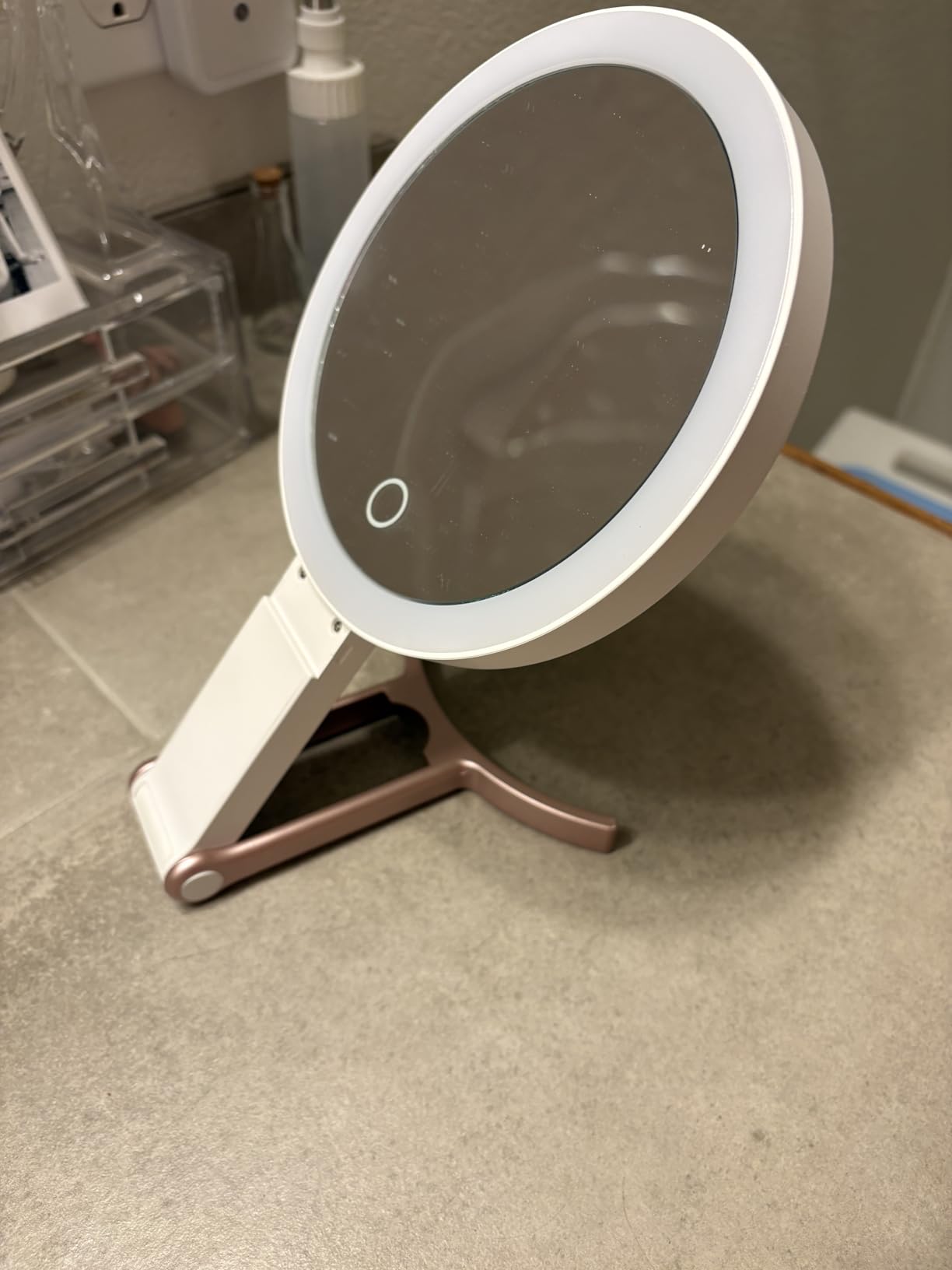 LitBear Travel Makeup Mirror with Lights, Rechargeable Double-Sided 10X/1X Magnifying Mirror, Portable Lighted Beauty Mirror, 3 Color Lighting, Dimmable Touch Screen, Tabletop Handhold Hanging (White) customer photo 1
