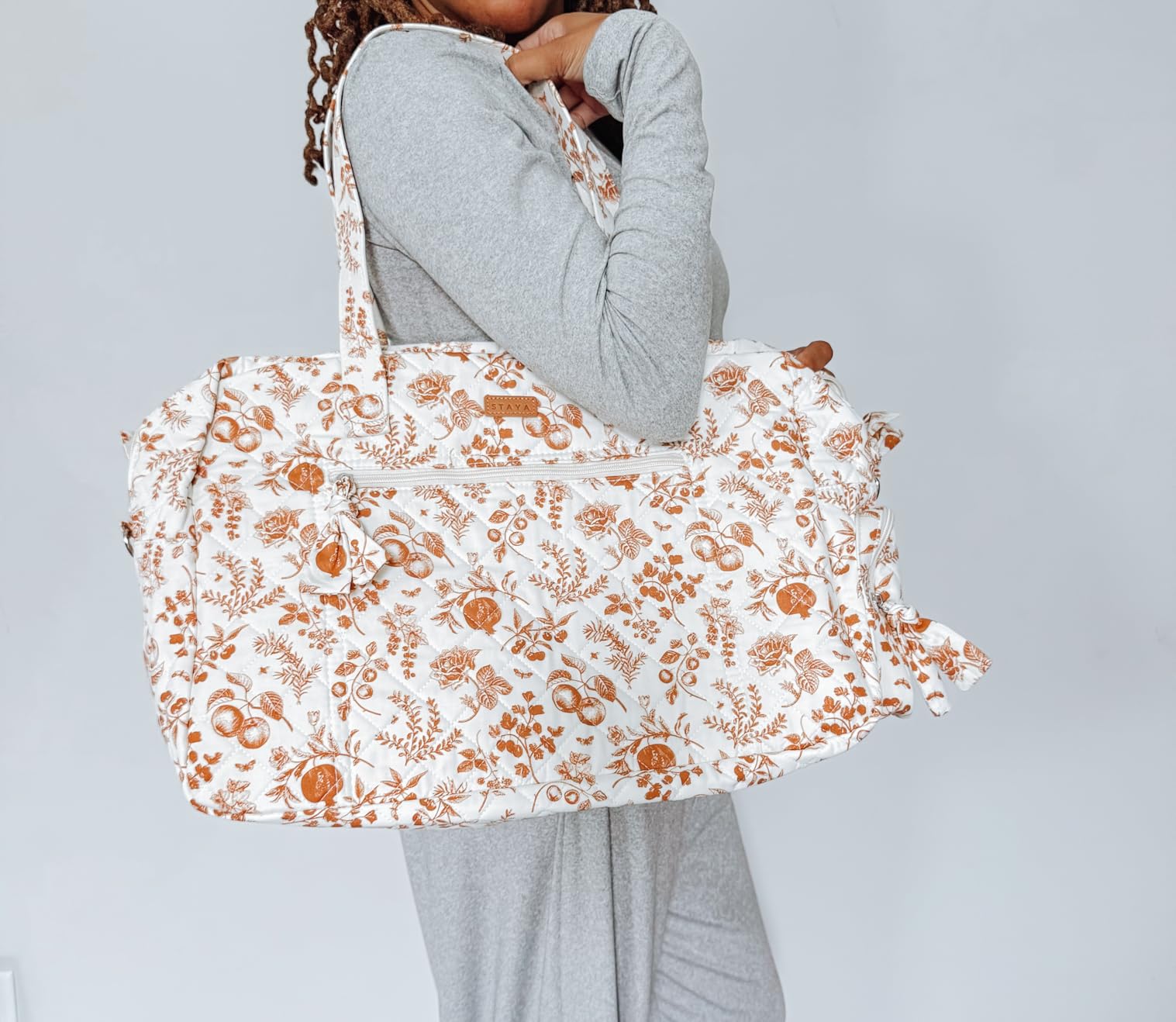 Staya Hospital Bag for Labor & Delivery - Quilted Weekender Bag for Women | Soft cotton quilted duffle, carry-on size, overnight & weekender bag, roomy with pockets, shoulder strap included customer photo 1