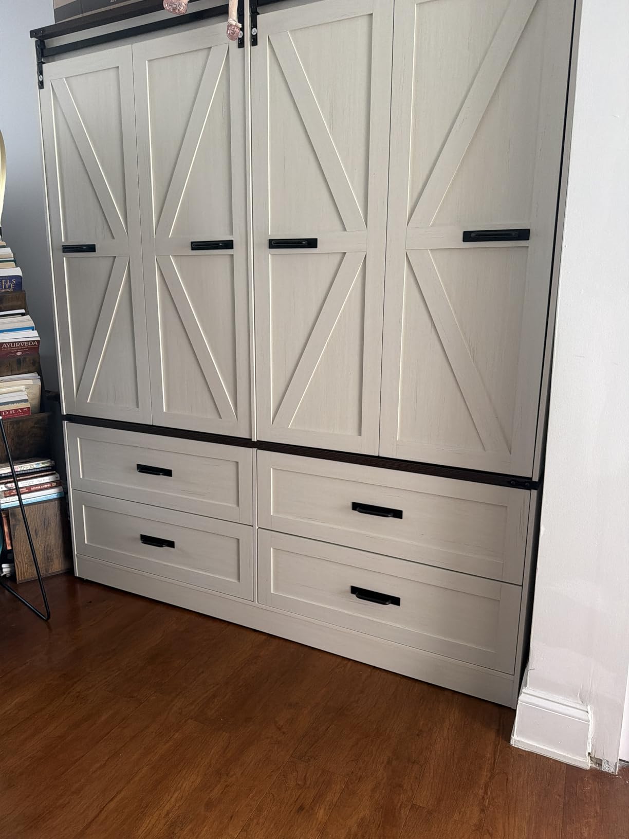 Farmhouse 4 Doors Armoire Wardrobe Closet w/Folding Sliding Barn Door and Lights, LED Armoire Closet w/Drawers for Bedroom, Freestanding Wooden Wardrobe Storage Closets w/Hanging Rod, Antique White customer photo 1