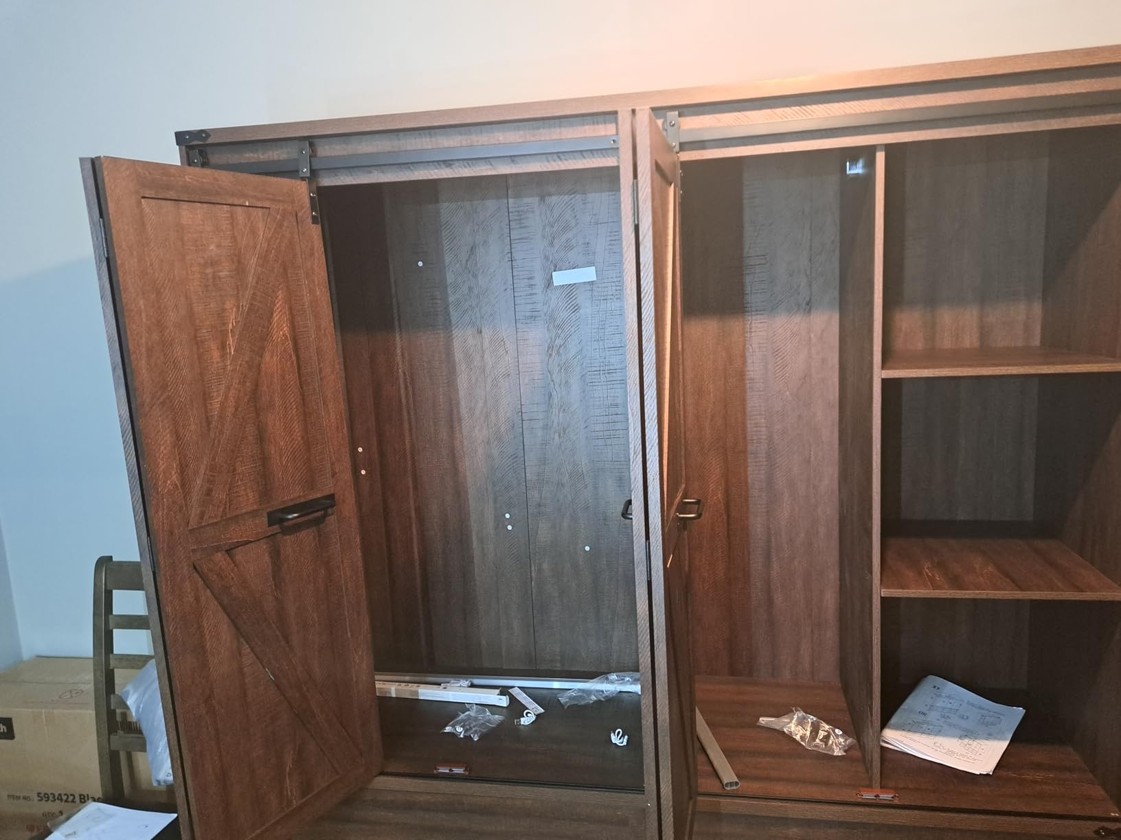 Farmhouse 4 Doors Armoire Wardrobe Closet w/Folding Sliding Barn Door and Lights, LED Armoire Closet w/Drawers for Bedroom, Freestanding Wooden Wardrobe Storage Closets w/Hanging Rod, Antique White customer photo 2