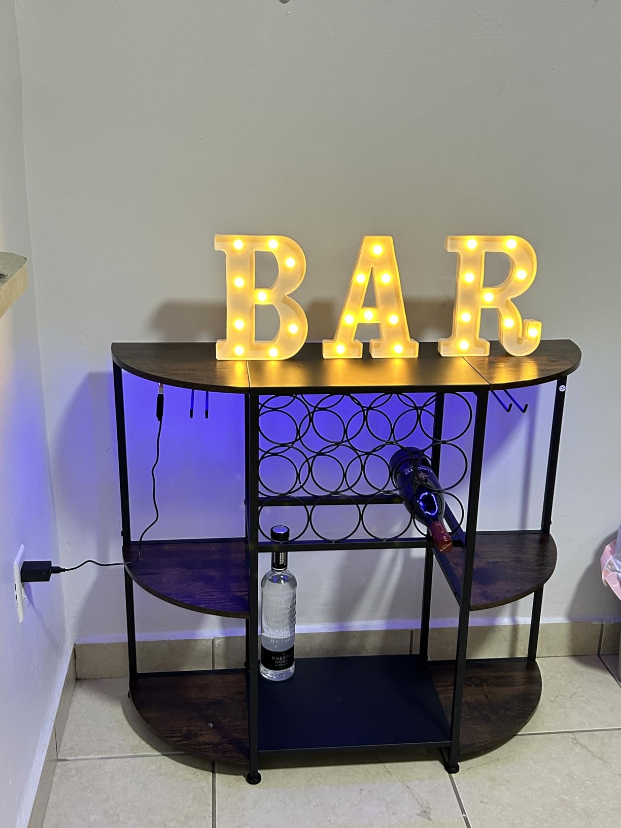 JKsmart Wine Bar Cart with LED Lights, Mini Wine Rack with Storage and Glass Holder, Small Home Bar Cart for Liquor, 3-Tier Bar Table for Kitchen, Dining Room, Living Room, Rustic Brown customer photo 2