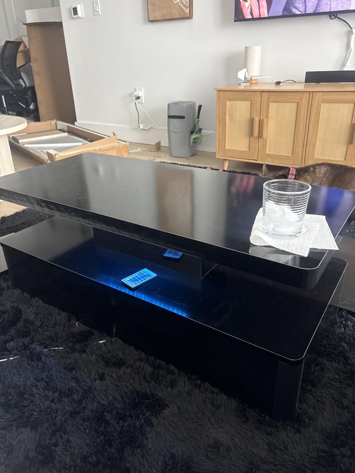MXV Modern Coffee Table, 40 Inches Coffee Tables with 16 Colors LED Lights, 2 Tier Rectangular Center Table, Large Storage Space, High Glossy Wooden Tea Table for Living Room, Bedroom, Office, Black customer photo 1