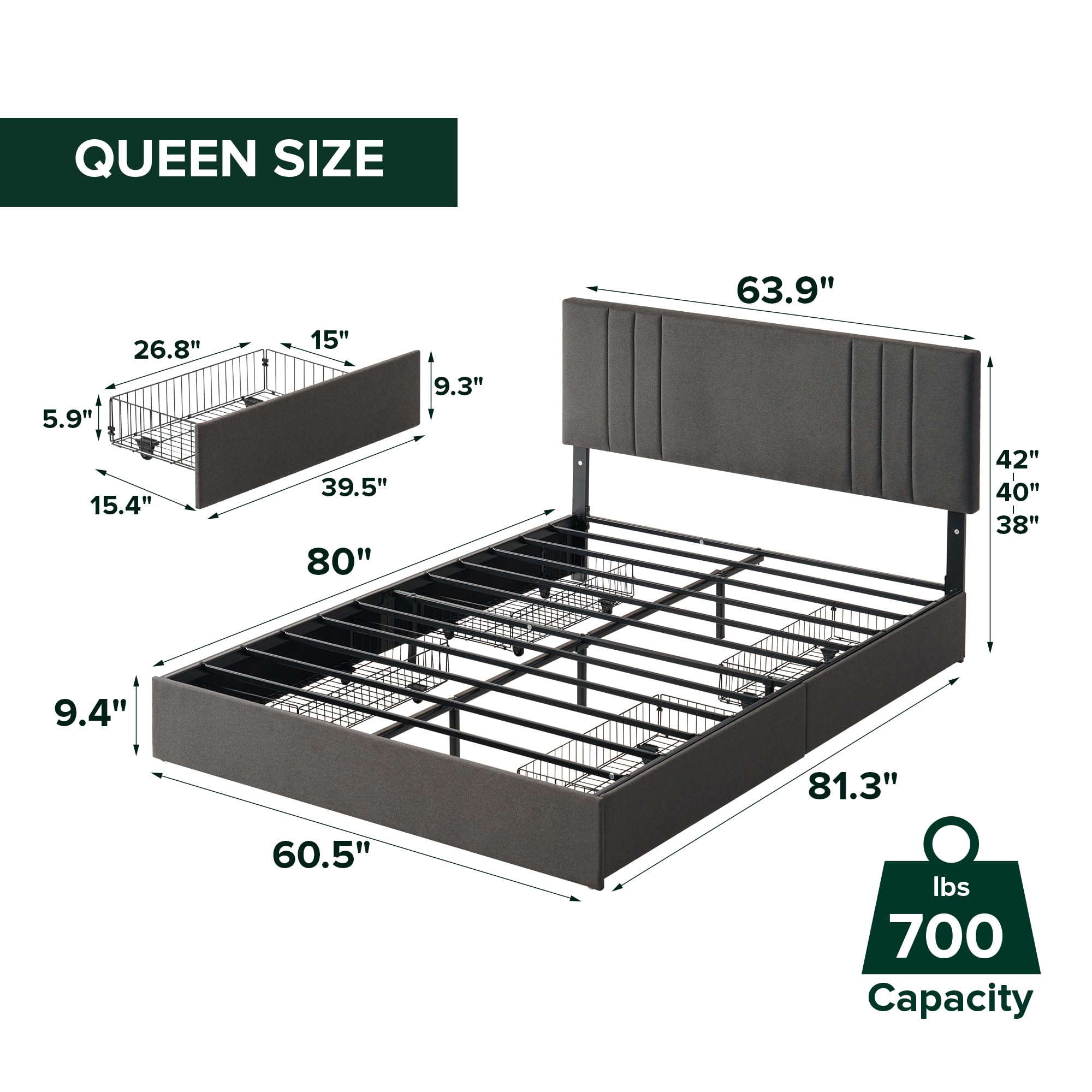 Zinus Billie Platform Bed Frame, Four Underbed Storage Drawers, Height Adjustable Headboard, Upholstered Style, Queen customer photo 2