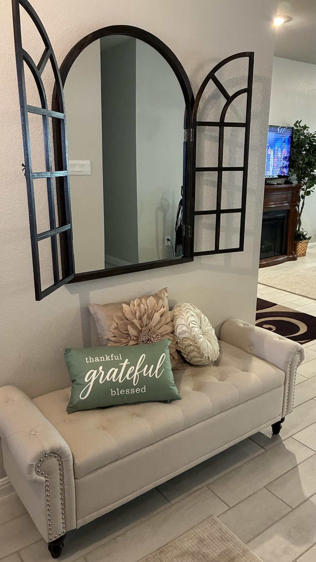 Arched Wall Mirror with Wood Window Frame, 38x26 Vintage Rustic Arch Farmhouse Mirror for Wall, Living Room, Bedroom, Entryway(Brown) customer photo 1