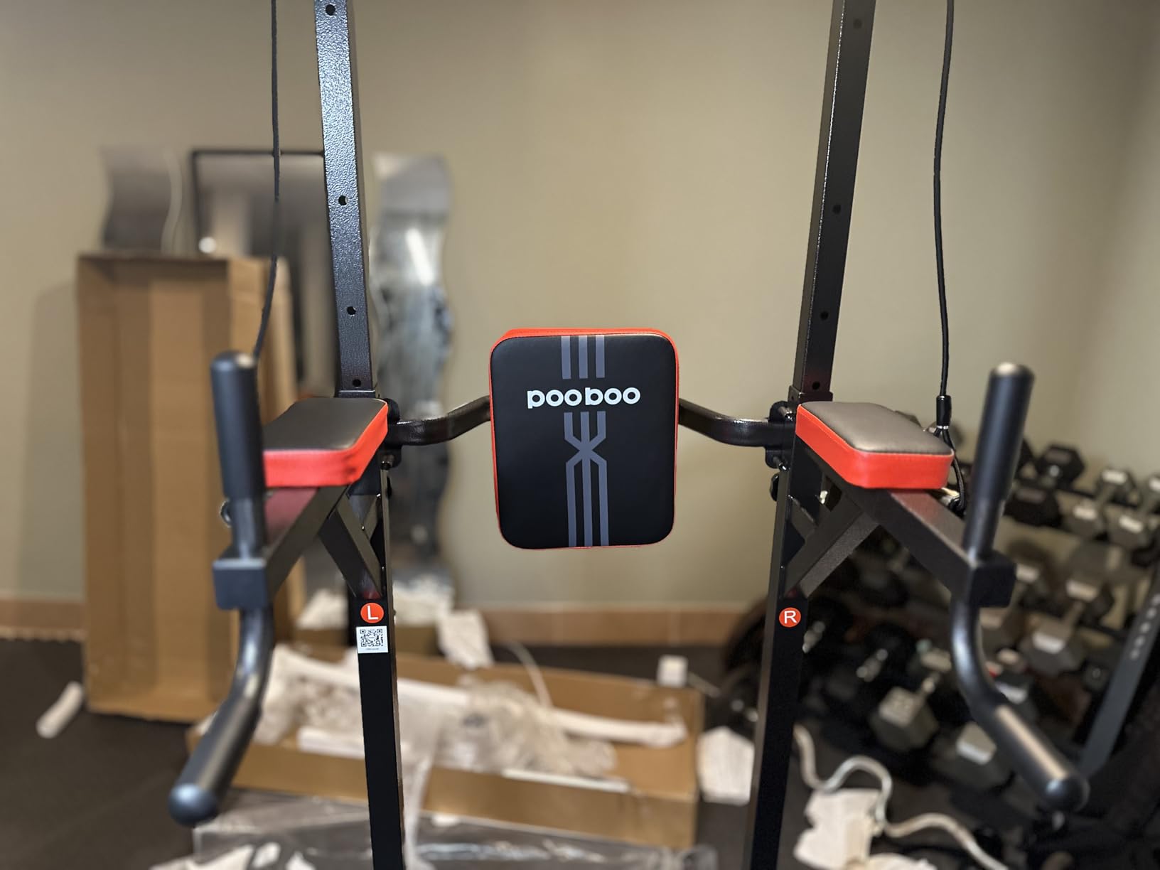 Pooboo Power Tower Dip Station Pull Up Bar for Fitness Home Gym Workout, 450 Pounds Multi-Function Adjustable Height Fitness Strength Training Exercise Equipment, with Power Elastic Ropes customer photo 1