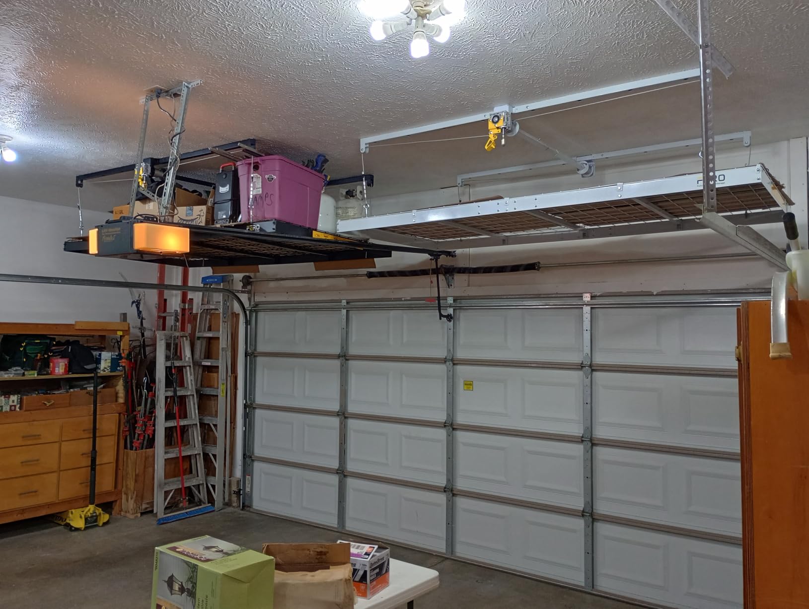 FERO Overhead Garage Storage Rack 4x8, 500 lb Heavy-Duty Capacity, Ceiling Mounted Storage Lift with Safety Lock, Drop Down Overhead Storage System, Garage Ceiling Hoist Organizer customer photo 1