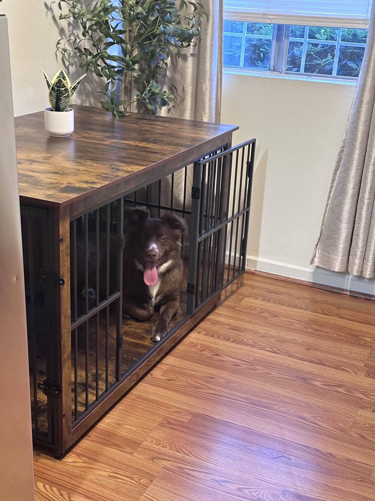 Feandrea Wooden Dog Crate Furniture, 48 Inches Heavy-Duty Kennel for Dogs up to 110 lb, with Double Doors and Enclosed Wood Base, Modern Pet Cage End Table Indoor, Rustic Brown customer photo 1