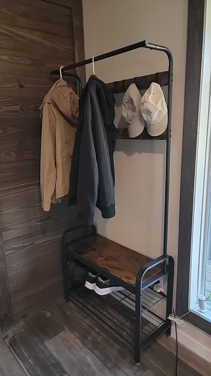VASAGLE Coat Rack, Hall Tree with Shoe Bench, 4-in-1, 9 Removable Hooks customer photo 2