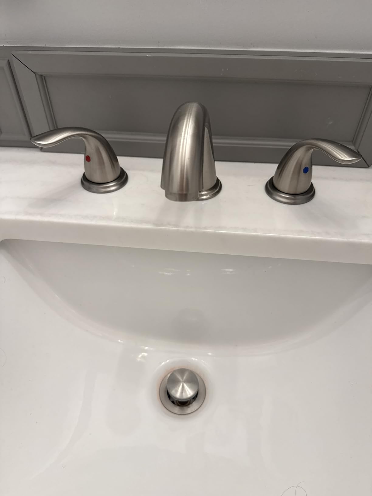 Phiestina 8 Inch 2 Handles 3 Holes Deck Mount Brushed Nickel Widespread Bathroom Faucet, with Pop Up Drain, WF008-5-BN customer photo 1