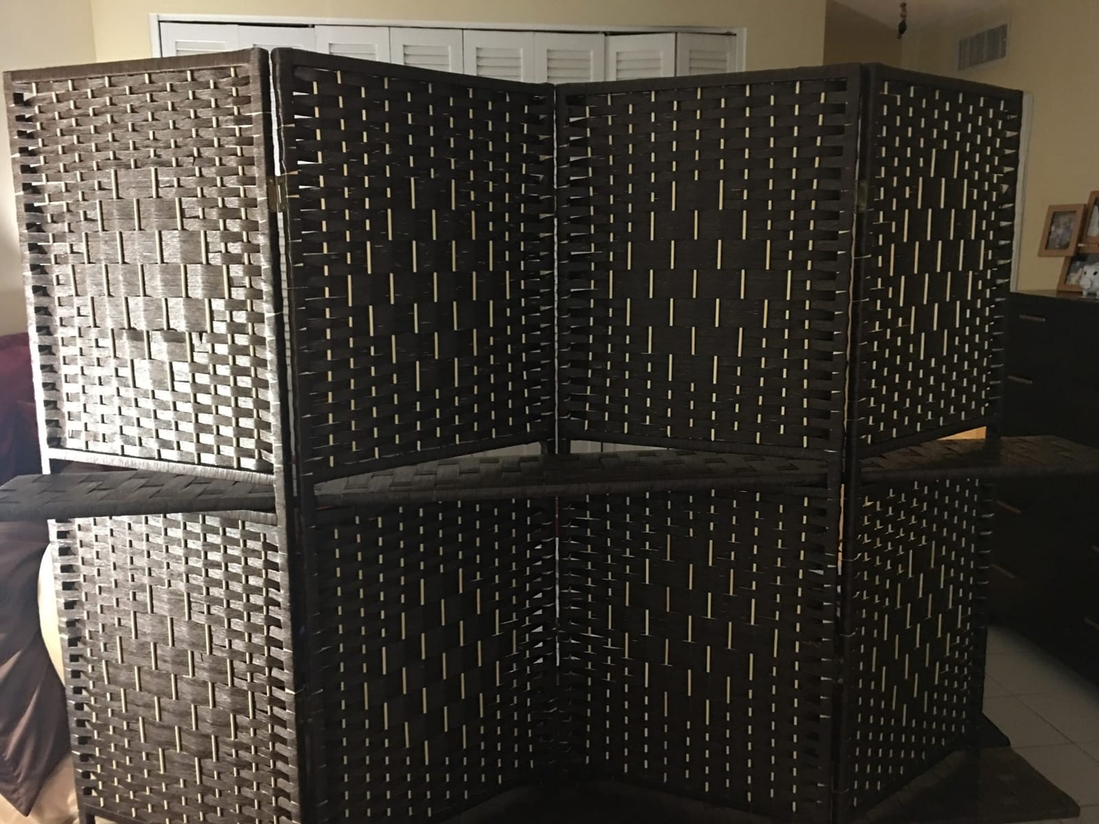 FDW | 4 Panel Folding Room Divider with Shelves | 5.9ft, Brown | Wooden Wall Divider | Hand Woven Mesh, Portable & Foldable | Easy to Move | For Space Separation, Living Room, Bedroom customer photo 2