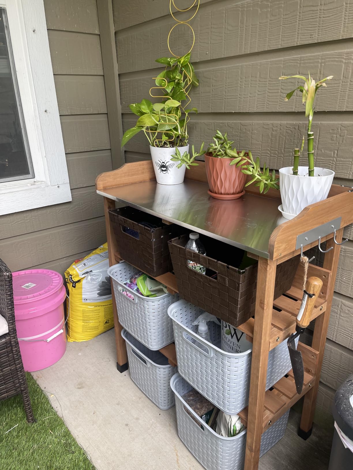 Yaheetech Potting Bench Outdoor Console Table w/3-Tier Storage,Natural Wood | Metal Tabletop, 3-Tier Storage Shelves with Hooks, Outdoor Gardening Table for Planting, Potting and Organizing Garden Tools. customer photo 1