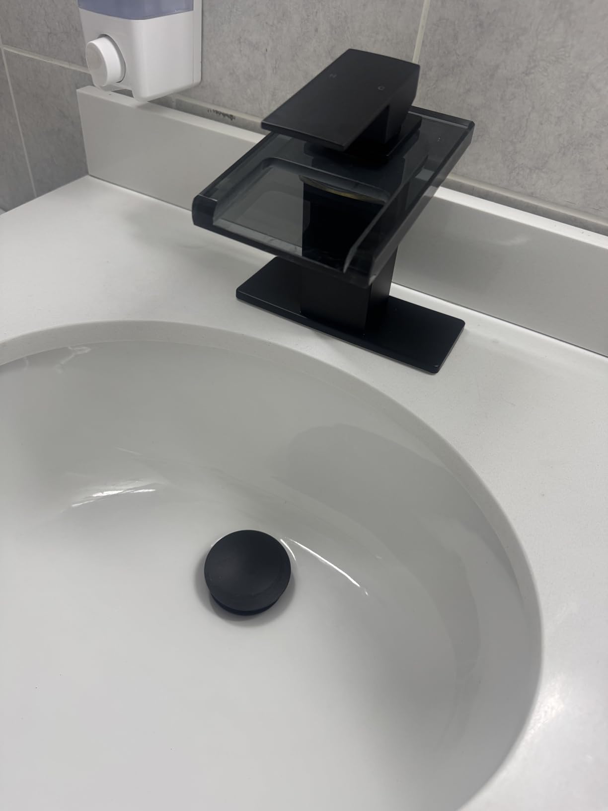 AVSIILE LED Bathroom Sink Faucet, Matte Black Waterfall Single Hole Handle Vanity Faucets for Sinks 1 Hole with Metal Pop Up Drain and 2 Water Supply Lines, Open Glass Spout customer photo 1