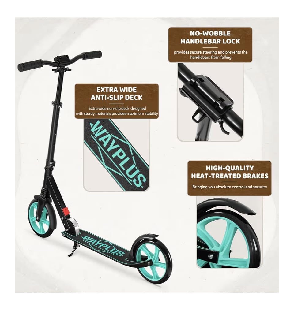 WAYPLUS Kick Scooter for Ages 6+, Kid, Teens & Adults, 8 Big Wheels, 240lb, One-button Fold, Lightweight, 4 Adjustable Height, Bearing ABEC9, 20