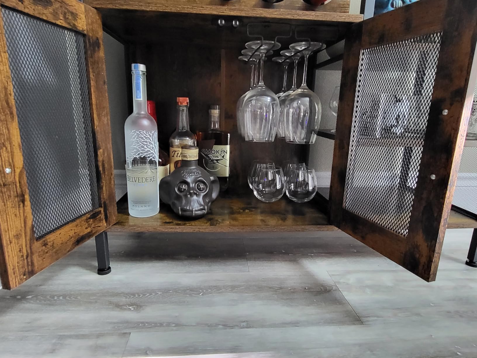 X-cosrack Wine Bar Rack Cabinet with Detachable Wine Rack, Coffee Bar Cabinet with Glass Holder, Small Sideboard and Buffet Cabinet with Mesh Door, Rustic Brown, Large customer photo 2