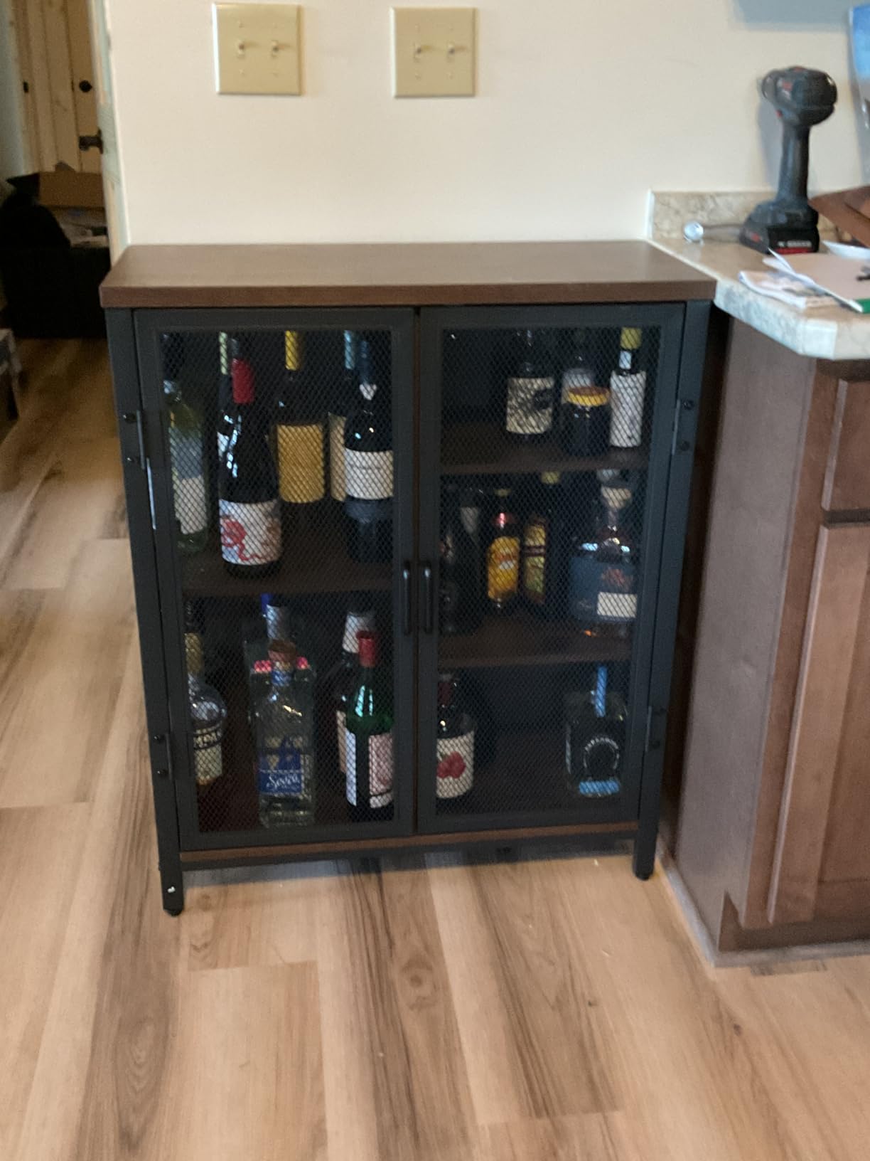 BON AUGURE Small Coffee Bar Cabinet, Liquor Storage, Rustic Oak, 2-Doors | Adjustable Shelves, Farmhouse Industrial, Wood and Metal, Mini Sideboard Buffet for Home bar, Kitchen, Living Room, Dining customer photo 1