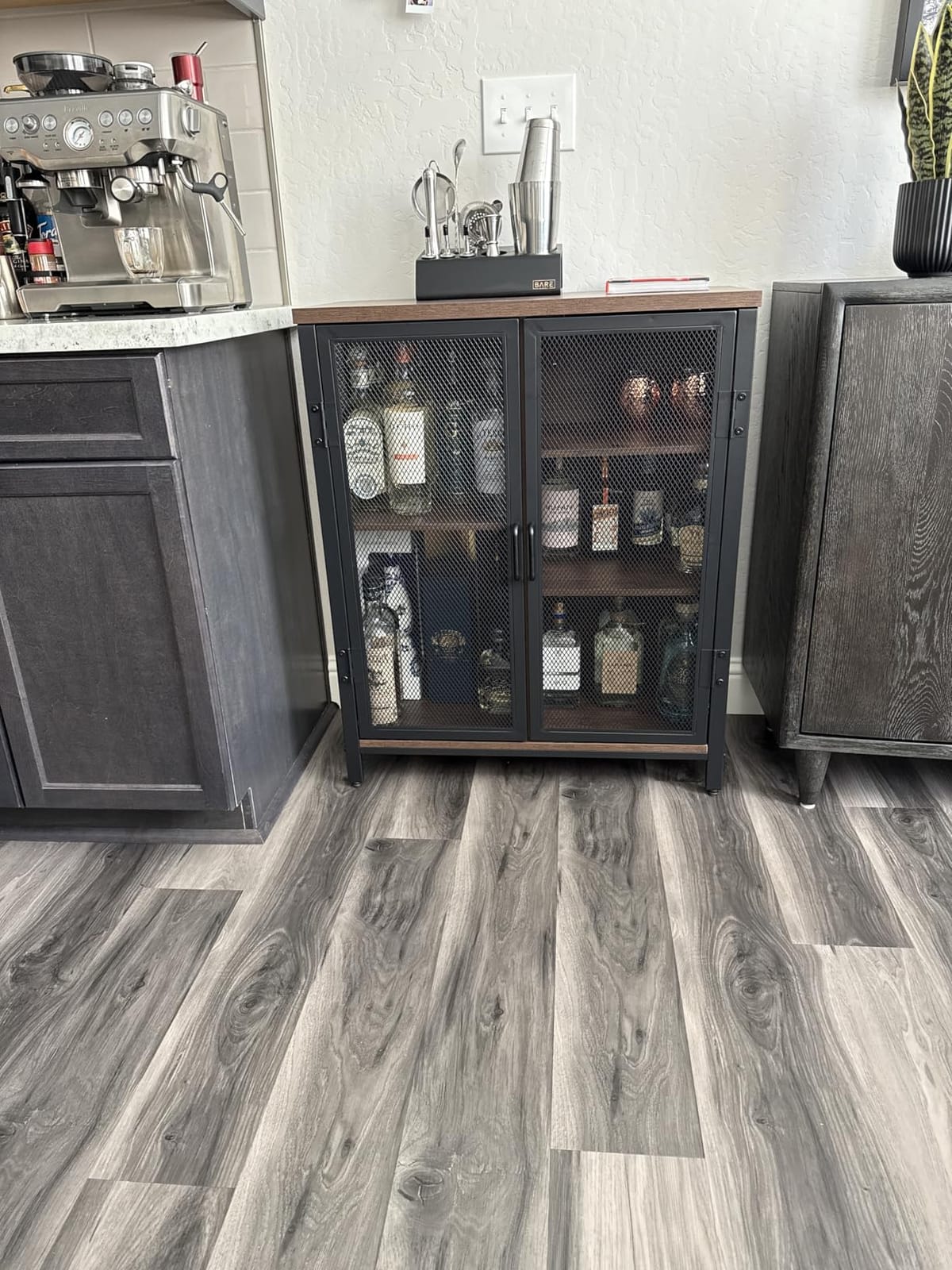 BON AUGURE Small Coffee Bar Cabinet, Liquor Storage, Rustic Oak, 2-Doors | Adjustable Shelves, Farmhouse Industrial, Wood and Metal, Mini Sideboard Buffet for Home bar, Kitchen, Living Room, Dining customer photo 2