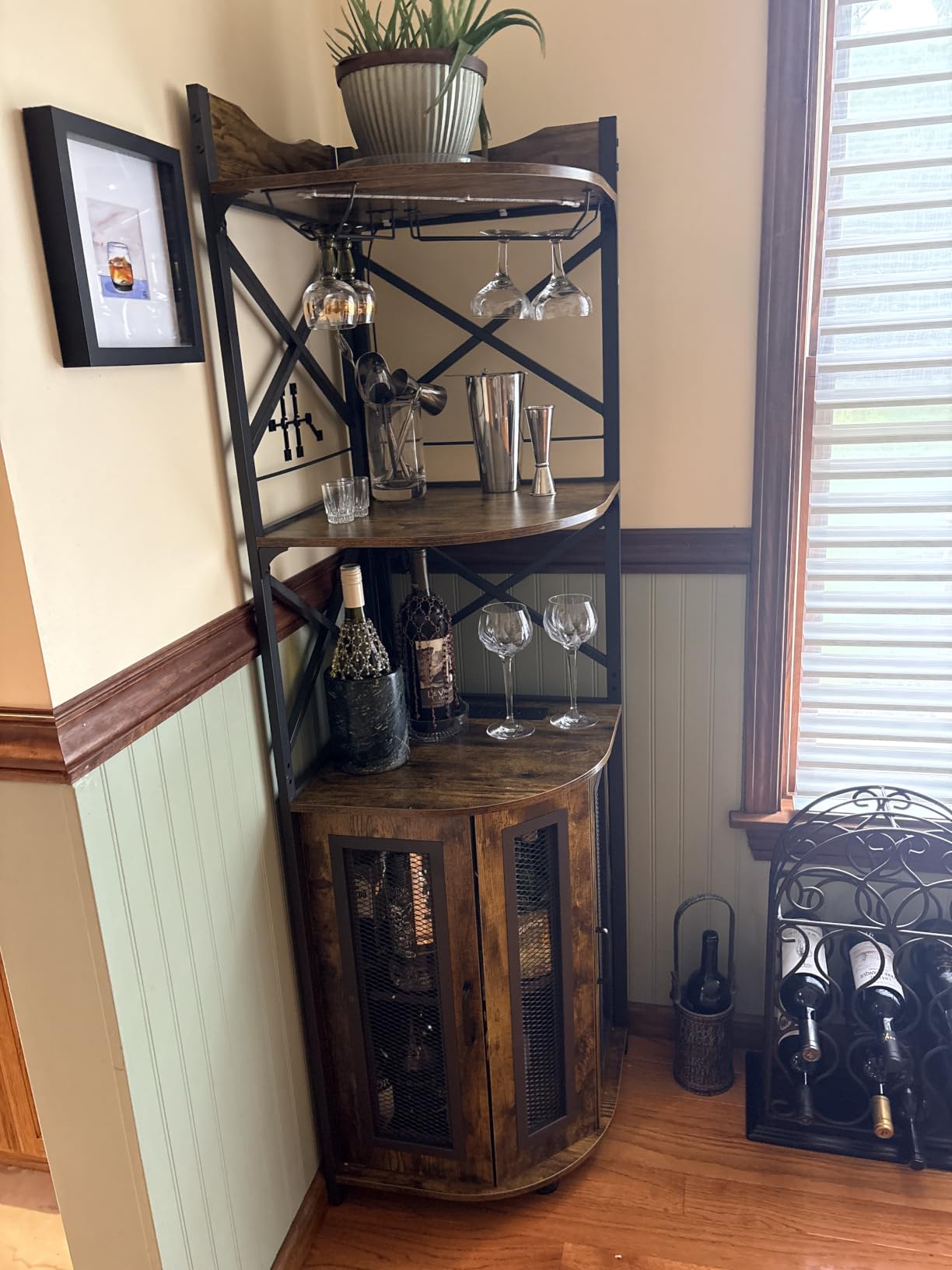 Aheaplus Corner Bar Cabinet with Power Outlet, Industrial Liquor Cabinet | 5-Tiers Wine Cabinet Mini Bar with LED Strip and Glass Holder for Home, Corner Display Cabinet for Small Space, Rustic Brown customer photo 1