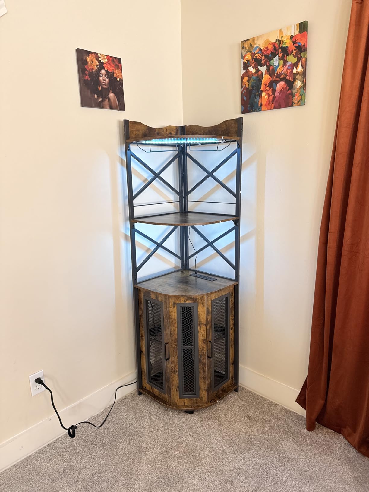 Aheaplus Corner Bar Cabinet with Power Outlet, Industrial Liquor Cabinet | 5-Tiers Wine Cabinet Mini Bar with LED Strip and Glass Holder for Home, Corner Display Cabinet for Small Space, Rustic Brown customer photo 2