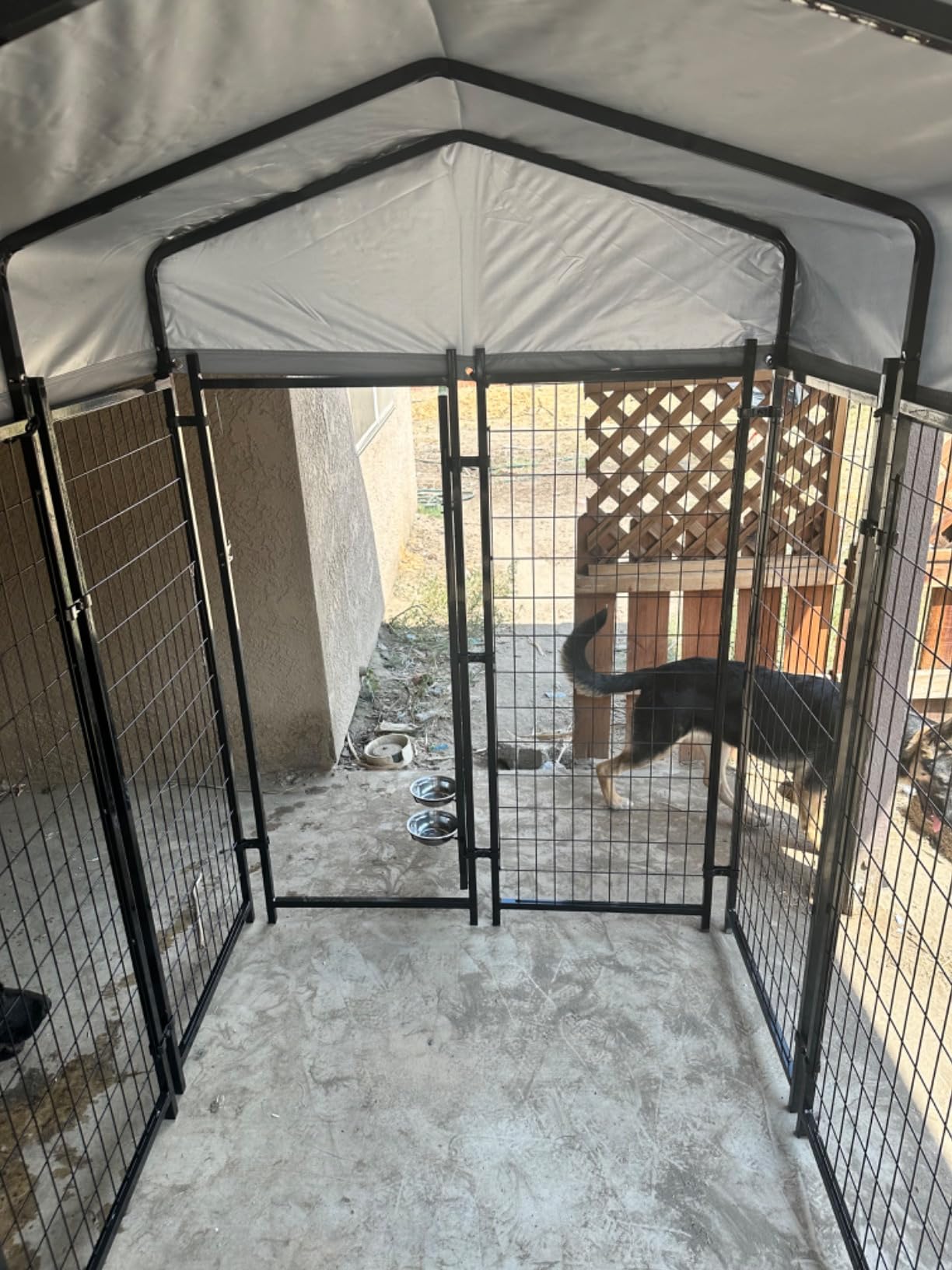 LEMBERI 8x4x6FT Outdoor Dog Kennel for Large Dogs, Heavy Duty | Escape-proof galvanized steel dog run with double-latch gate, reflective silver waterproof roof, 2 stainless steel bowls customer photo 1