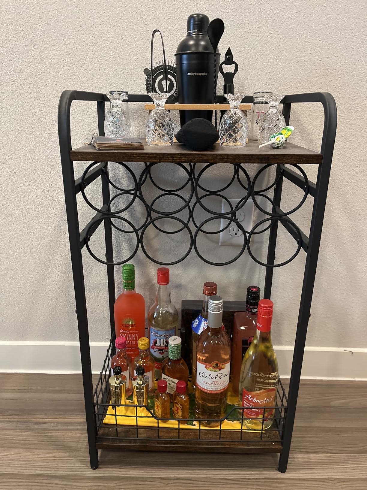 3-Tier Wine Rack Freestanding Floor Cabinet Corner Bar Cabinet Bar Cart, 12 Individual Wine Storage Bottle Compartments Corner Bar Cabinet Holder, Wood + Black Frame Liquor Cabinet customer photo 2