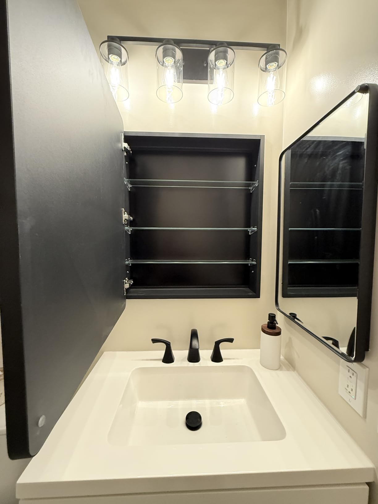 IDYLLOR Black Bathroom Mirror Medicine Cabinet with Round Corner Framed Door and Beveled Edge Mirror 15 x 25 inch, Recessed or Surface Mount, with Adjustable Glass Shelves customer photo 1