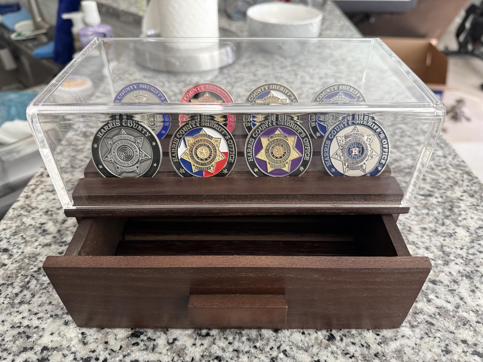 Large Wooden Challenge Coin Display Case with Clear Cover - Military Coin Display Case Holds 36 Coins on Top & 36 in The Storage Drawer - Versatile Coin Stand Holder & Poker Chip Display Case - Brown customer photo 1