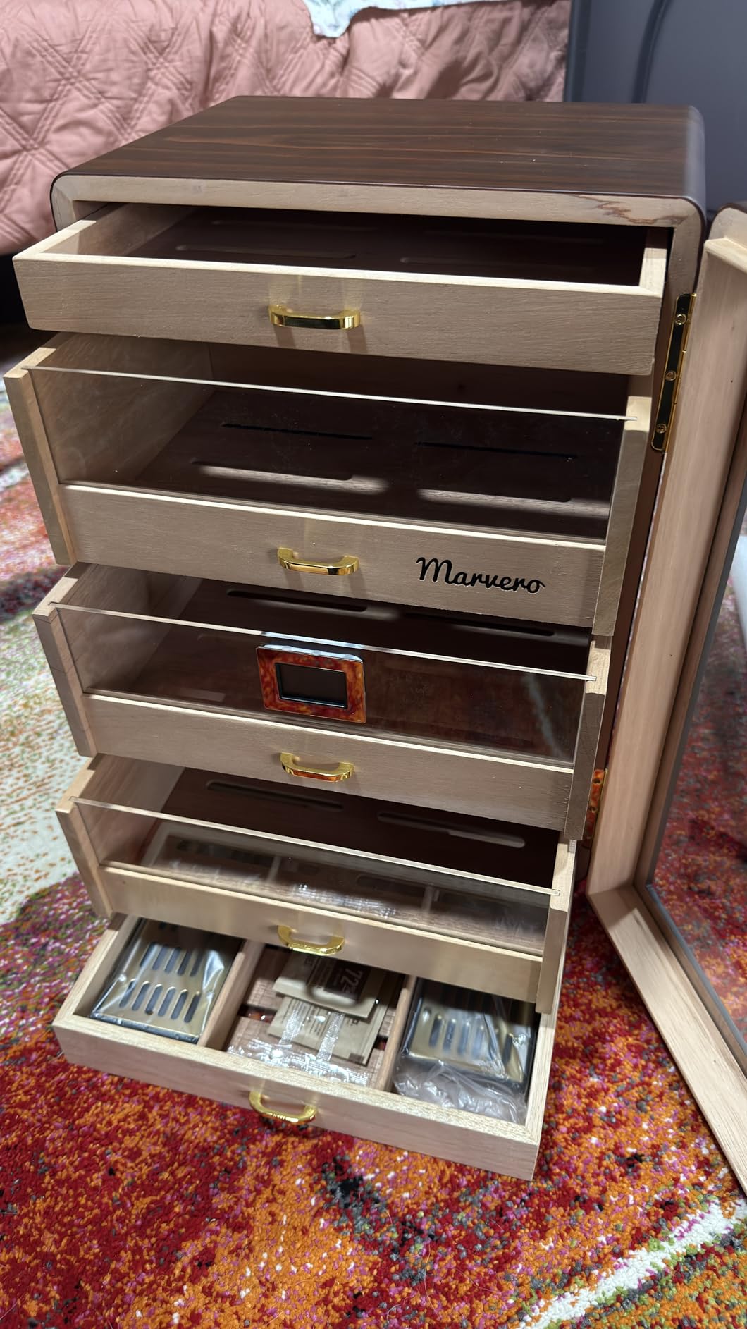 300-Count Walnut Cigar Humidor Cabinet with Digital Hygrometer | Walnut finish, cedar drawers, digital hygrometer, humidifiers and humidity packs, large storage for up to 300 cigars customer photo 2