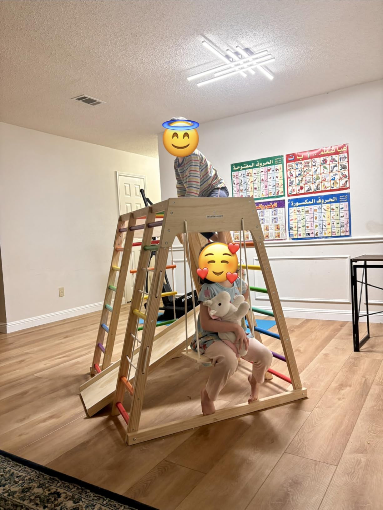 7 in 1 Pikler Indoor Playground Jungle Gym Playset, Wooden Montessori Climber with Slide, Rock Climb Wall, Monkey Bars, Rope Ladder, Climbing Rope and Swing for Kids（Rainbow） customer photo 1