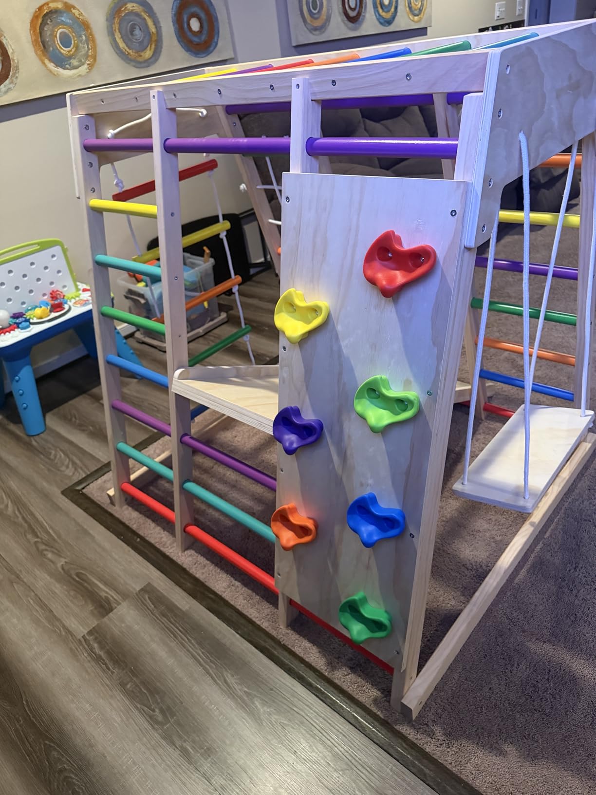 7 in 1 Pikler Indoor Playground Jungle Gym Playset, Wooden Montessori Climber with Slide, Rock Climb Wall, Monkey Bars, Rope Ladder, Climbing Rope and Swing for Kids（Rainbow） customer photo 2