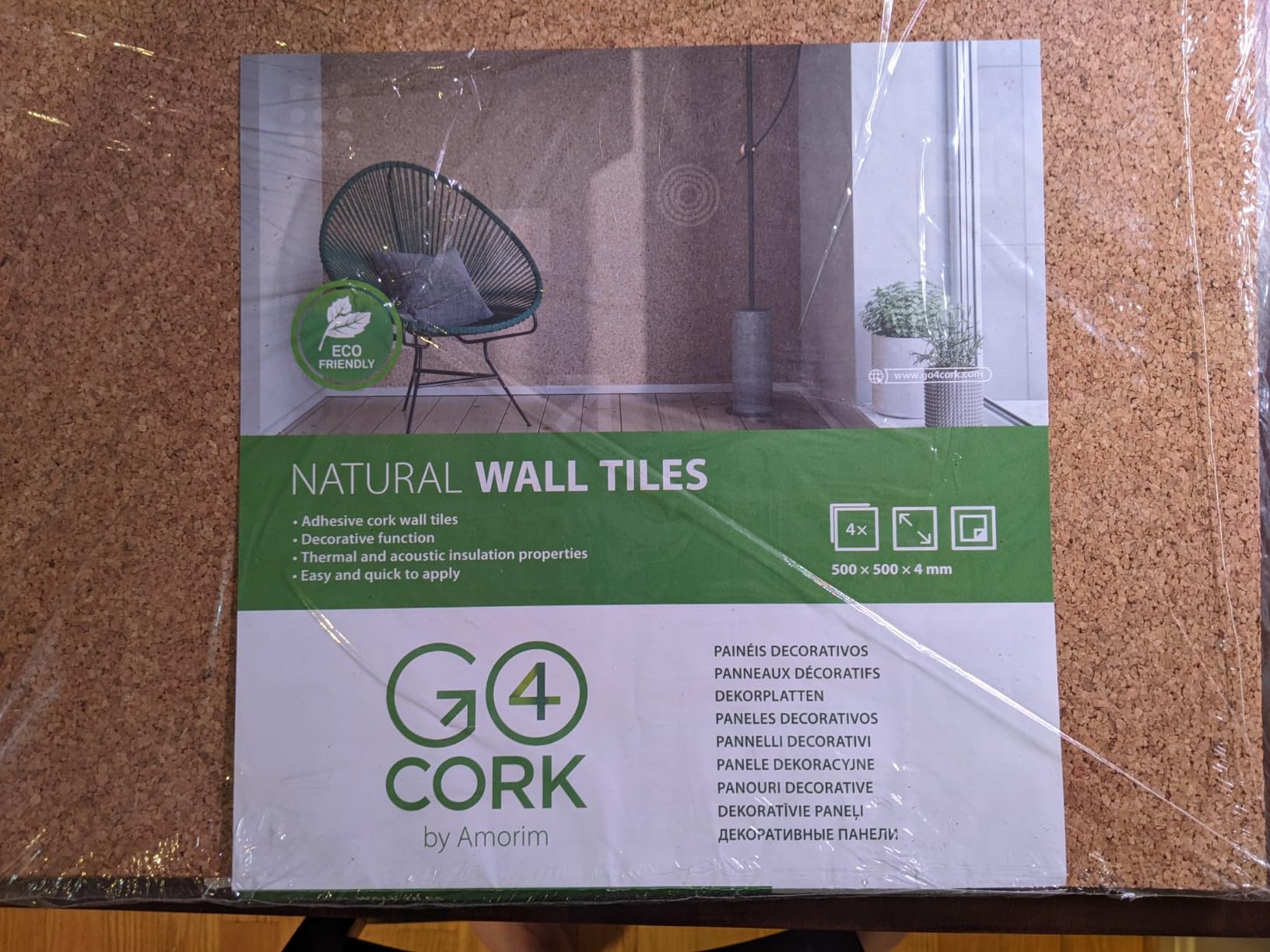 Go4Cork Large Square Adhesive Cork Tiles - 4 Pack, 19.7 x 19.7 x 5/32 inch customer photo 1